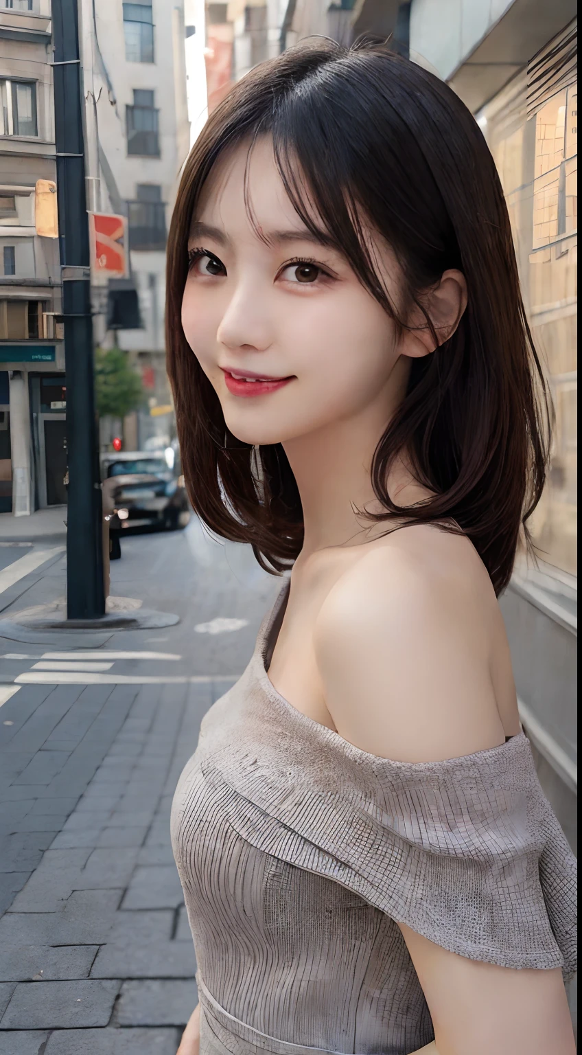 masutepiece, Best quality, illustration, Ultra-detailed, finedetail, A high resolution, 8K wallpaper, Perfect dynamic composition, Beautiful detailed eyes, doress,Medium hair, Larger chest, Natural color lips, Random and sexy pose,Smile,Castle Peak Street sidewalk,Bare back,cropped shoulders