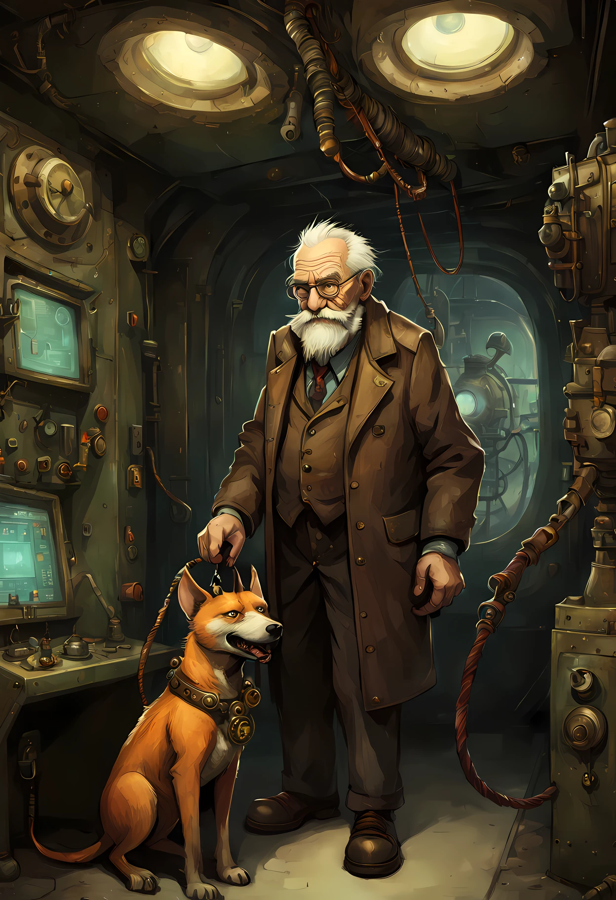 an old man with his giant dethclaw pet on a leash, steampunk happy Funny cartoonish at a complex nuclear control room, by Gediminas Pranckevicius H 704, machinarium style, intricate