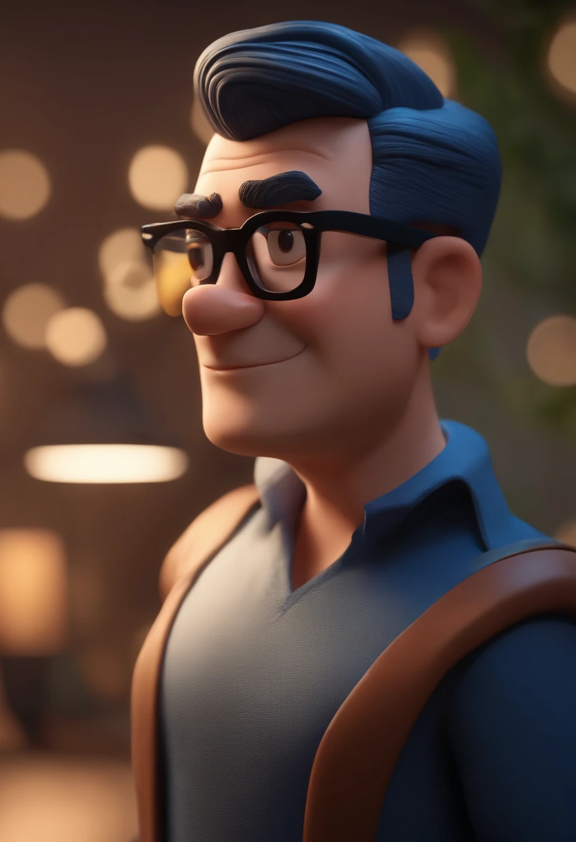 Cartoon character of a man wearing black glasses and a blue shirt, um personagem animado, Caractere estilizado, animation style rendering, 3D estilizado, Arnold Maya render, 3 d render stylized, toon render keyshot, Personagem 3D, Personagem 3D, 3d rendering stylized, 3 d character render, personagem de desenho animado, Personagem de close up, Pose de personagem, (Estilo Pixar) (master part:1.2) (Bokeh) (best quality) (pele detalhada) (textura detalhada) (8k) (argila) (Cinematic lighting) (foco nítido，Senta e vaza a parte superior do corpo