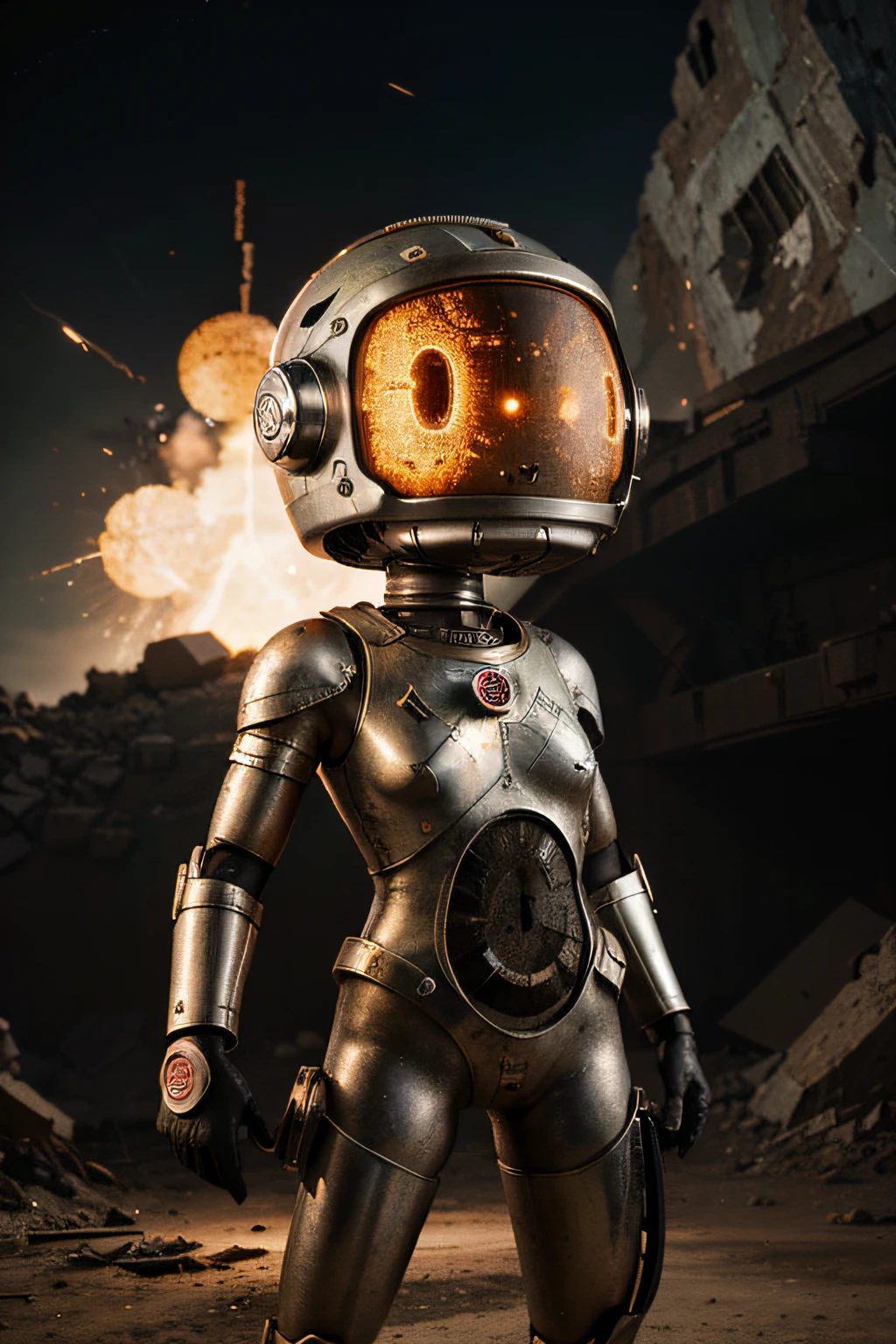 A toon Crazy whit a Big ONE a Only Eye Robot CCCP Soviet, and helmet Style, tongs in hands, Tv head, pinhead, camouflage Gold Silver Pink Rusty, Ambient in a meteorite crater super detailed, center, beautiful, soft lighting, focused on the character, 4K resolution, photorealistic rendering,