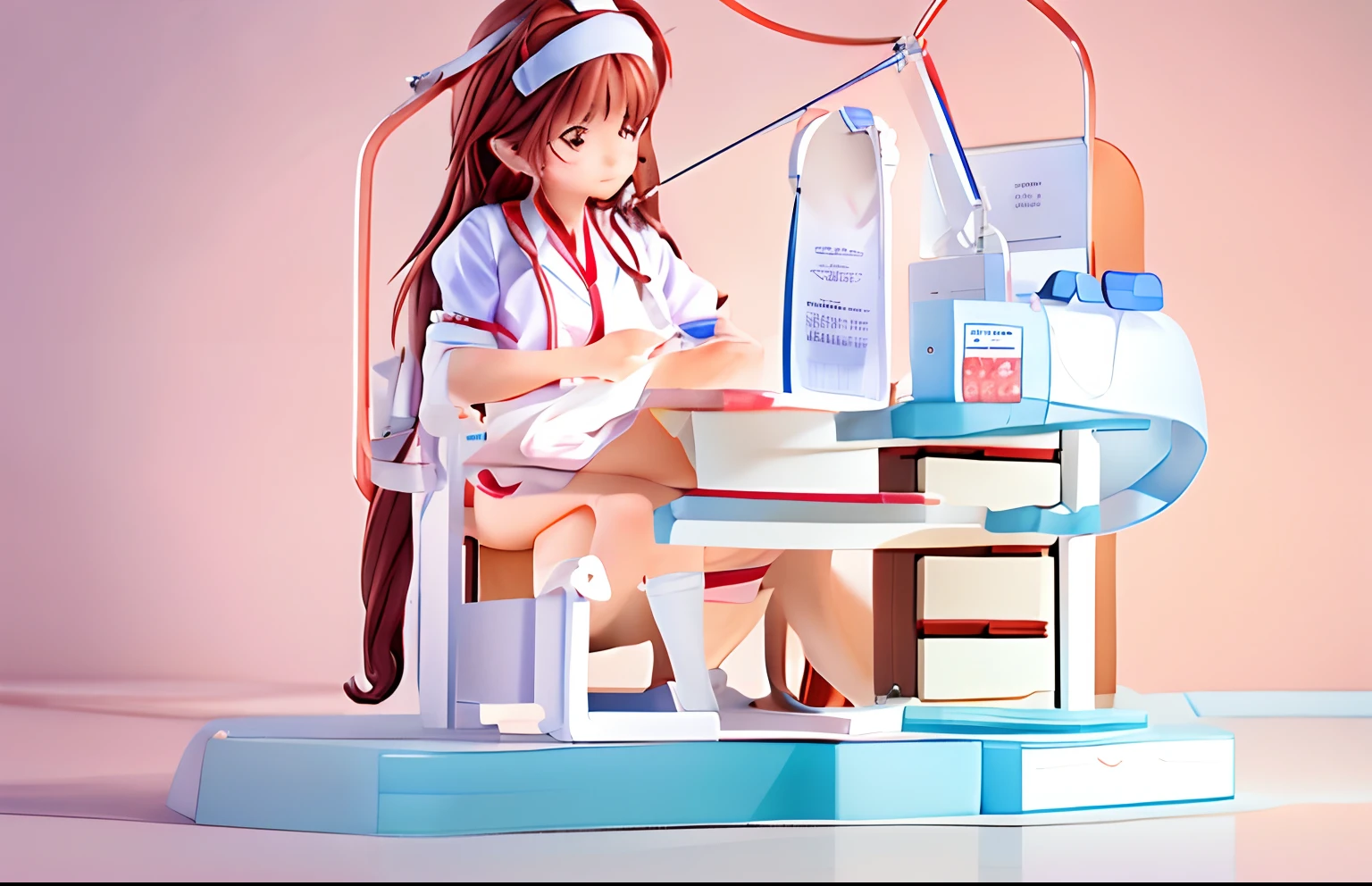 A kids girl in a nurse costume, nurse hat, The nurse is examining the patient,cute, Hospital scene,The scene have some nurse items on the table like needle, ear piece, etc,no adult, Rejoice,Perfect quality,Clear focus(Clutter - hospitals:0.8)