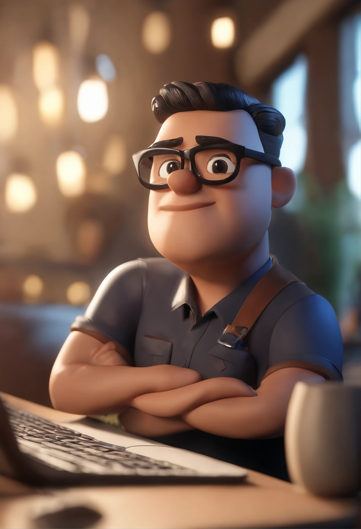 Cartoon character of a man wearing black glasses and a blue shirt, um personagem animado, Caractere estilizado, animation style rendering, 3D estilizado, Arnold Maya render, 3 d render stylized, toon render keyshot, Personagem 3D, Personagem 3D, 3d rendering stylized, 3 d character render, personagem de desenho animado, Personagem de close up, Pose de personagem, (Estilo Pixar) (master part:1.2) (Bokeh) (best quality) (pele detalhada) (textura detalhada) (8k) (argila) (Cinematic lighting) (foco nítido,Senta e vaza a parte superior do corpo