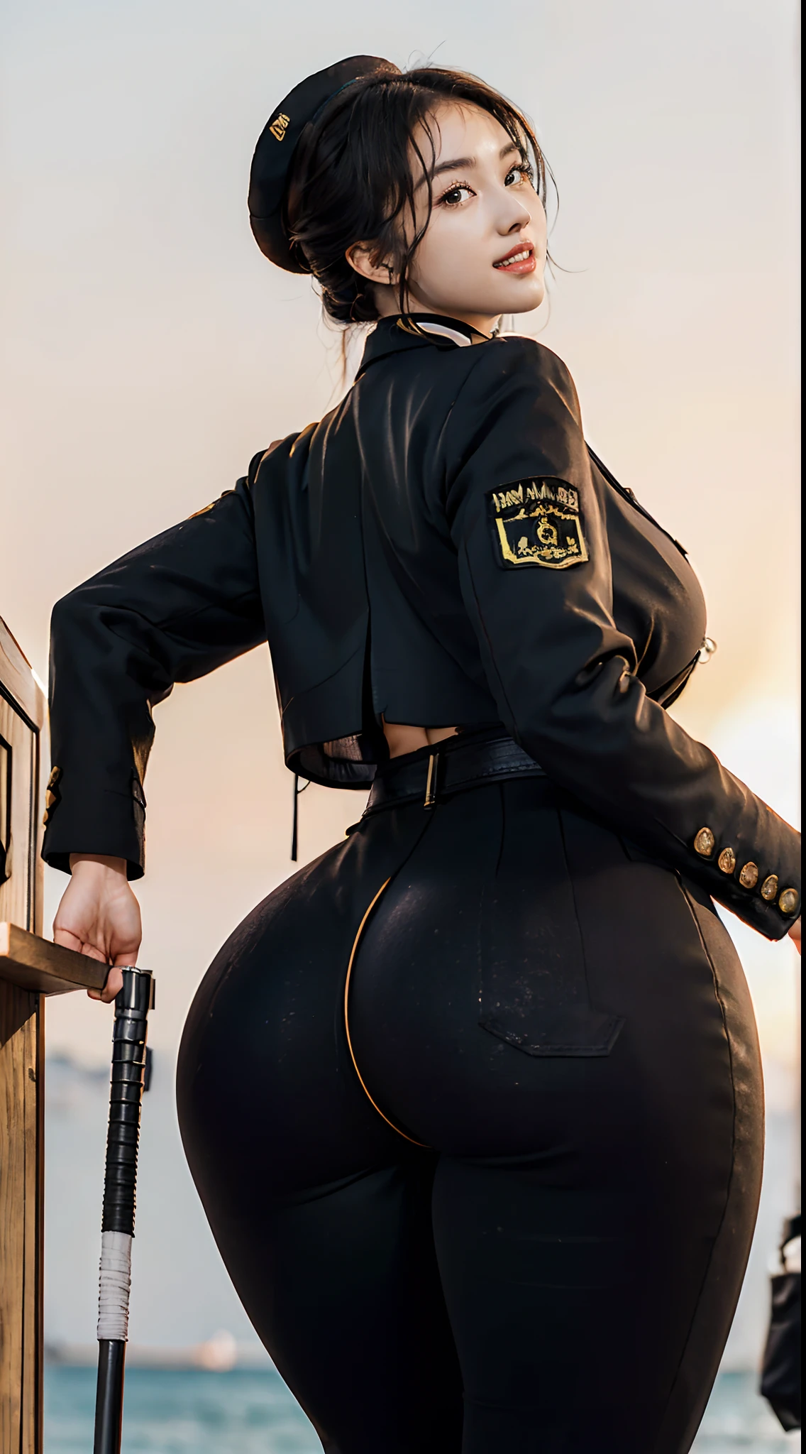 Usually detailed CG Unity 8K wallpaper，（tmasterpiece），（best qualtiy），（ultra - detailed），（Ultra photo realsisim），（best character detail：1.36），Nikon D750 f / 1.4 55mm，RAW photo，profesional lighting， physically-based renderingt, 1girll, Female soldier，(Black military uniform，(Black military uniform)，Fabric texture military uniform，Business suit)，(Underneath the coat is lined with a plain white shirt，The sweat-soaked white shirt fabric pressed against the chest，The buttons of the white shirt on the chest are fastened)，(red necktie)，((black thong))，Bare legged，Plump legs，Black hair，(military hat，Big wavy hair，Do not tie your hair)，the golden ratio,[:(com rosto detalhado:1.2):0.2]:，PureErosFace_V1，thick bushy eyebrows，broad shoulder,(gigantic cleavage breasts:1.35),(gigantic ass:1.55),(Plump thighs:1.45),(stick out buttocks:1.5),(Wide crotch:1.55),(I looked up from below:1.55)，((Grasp the buttocks with both hands，sitted，Look from your hips，close-up shot from behind，(Peach buttocks:1.2)):1.4)，Close-up Shot Shot，((Squinted and smiled，A smile full of confidence，A bright smile，Laughing heartily，Have by the sea):1.35)，((Close-up of panties，Buttocks close up，facial closeups))，Sunset sky，Gentle sunshine，sunshine on face，The light shines on the face，RAW photogr，Blue sky，setting sun，light glow，White teeth，Turn your face sideways to look at it，((curvy accentuated booty，azur lane style，lit from behind))，