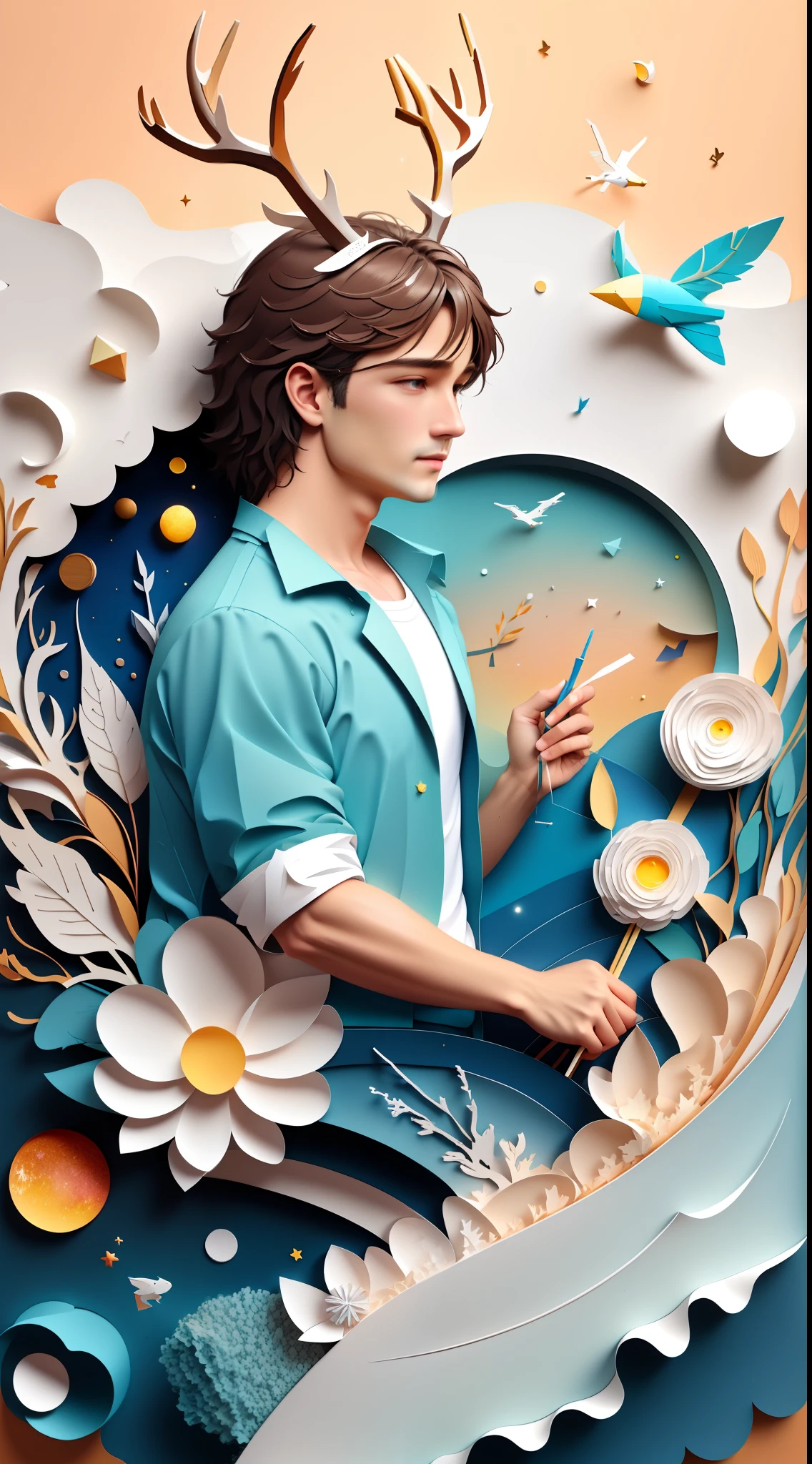 （（（tmasterpiece））），best qualtiy，illustratio，（A man with antlers，Fly in the air),​​clouds，a moon，wave，drak，the space，Paper_cut，Bright color scheme, Soft light,(Warm colors:1.2),watercolor paiting, Light background, Best quality, Exquisite details,3D rendering of,octanerender, Pastel, Paper，cut，Correct anatomy，Detailed face, Detailed eyes，