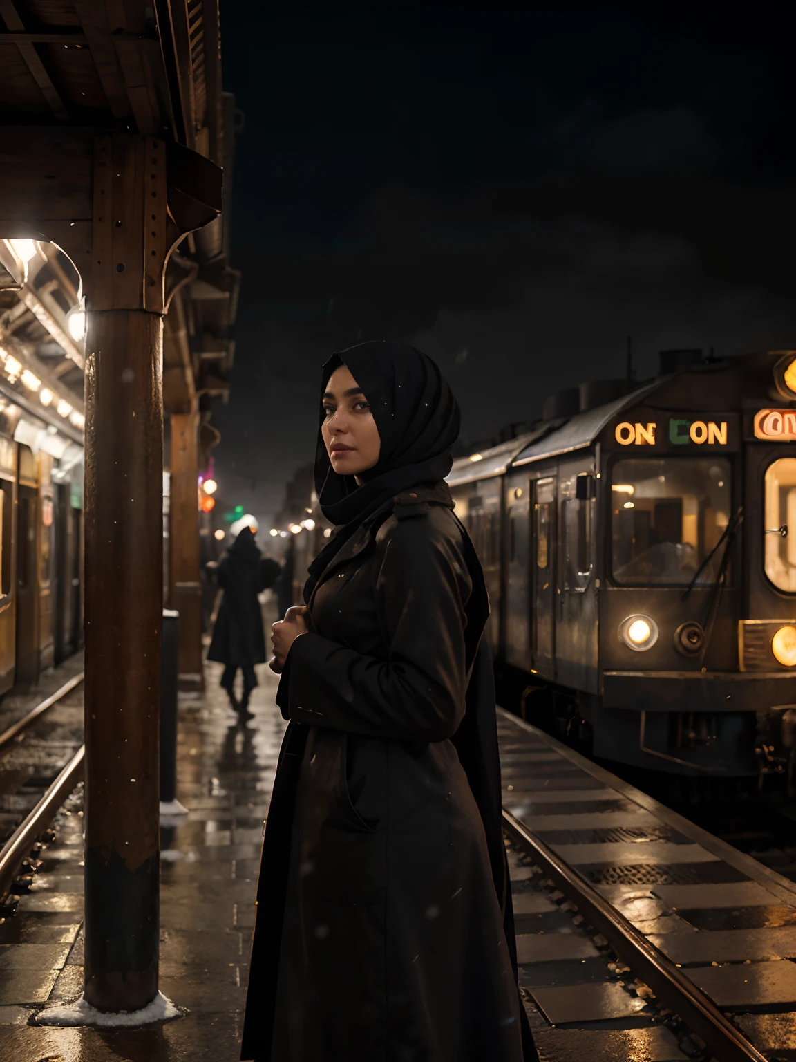in the year 1800 in iran A young Iranian woman wearing a long over coat is standing in a steampunk train station. It is night and snowing. The woman is sad kissing her husband, who is getting on a train. The husband is soldier wearing winter cloth. He is standing in the doorway of the train, The scene is set in a small town in Iran. The station is made of wood and is lit by a few dim lights. The rain is falling heavily and the wind is blowing. The woman is wearing a luxury hijab and a long black robe. She is sad and her face is covered in tears. dramatic back light, vintage look, retro, dramatic cinematic color grading