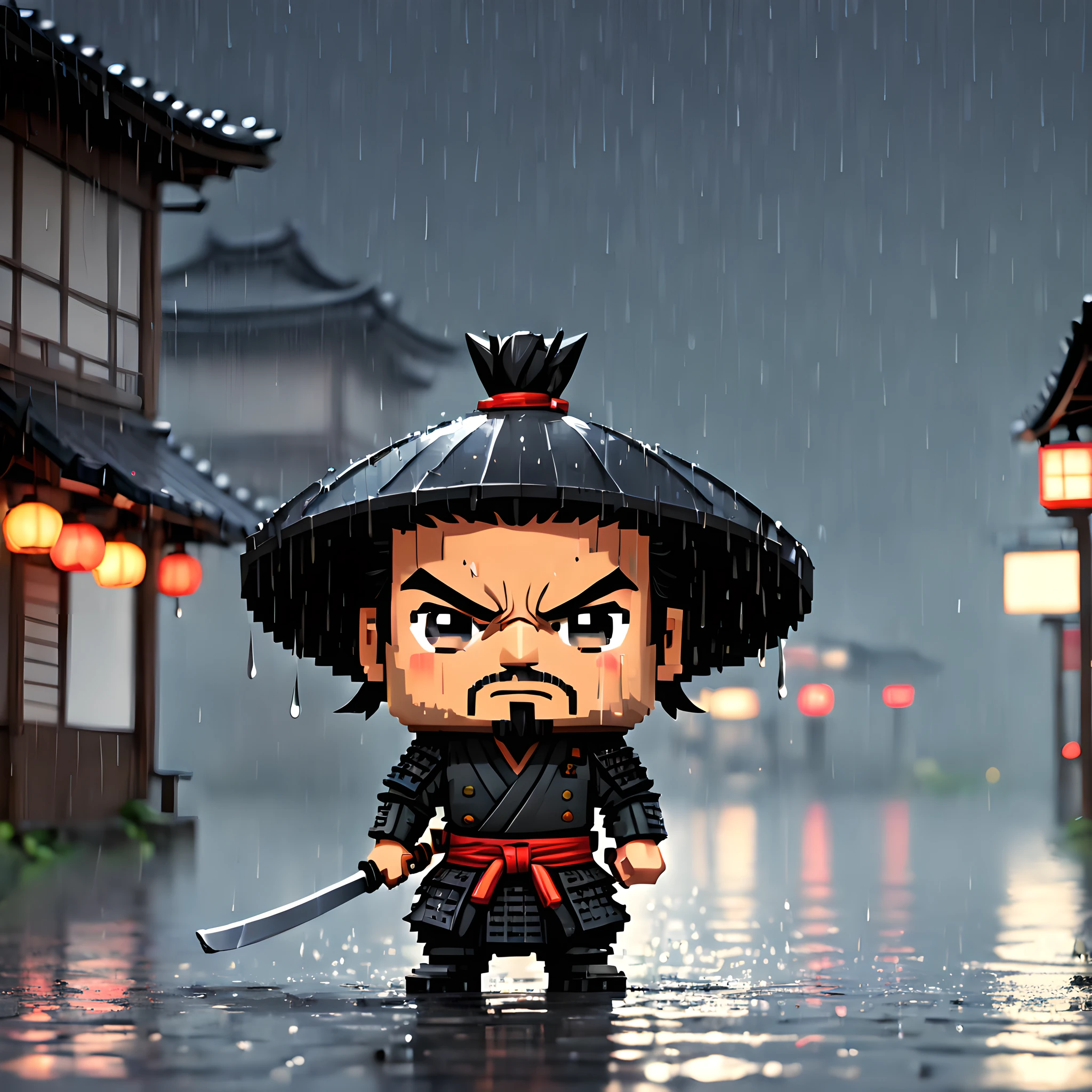 (Pixel art:1.5), (pixel theme:1.5), (chibi emote:1.5), (chibi character:1.5), (japanese game character:1.5), (fantasy:1.5), (rainy night:1.5), (heavy rain:1.5), (1japanse samurai:1.5), (Toshiro Mifune:1.5), (decisive battle:1.5), (７Samurai of the People:1.5), (film of Akria Kurosawa:1.5),