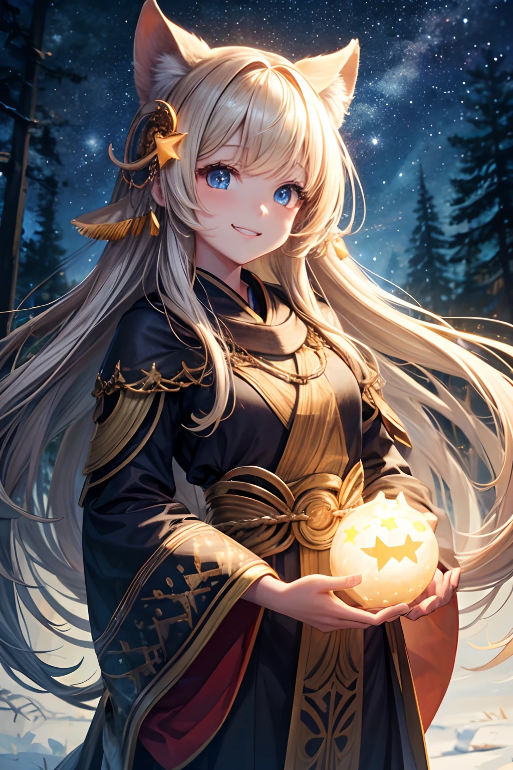 Top quality, high resolution, perfect human anatomy, background focus, front view, glowing hair, forest, animals, Prie; ; ; Toeko cosplay;, toothy smile, lots of stars in the sky, looking away , gradient eyes, swept bangs,