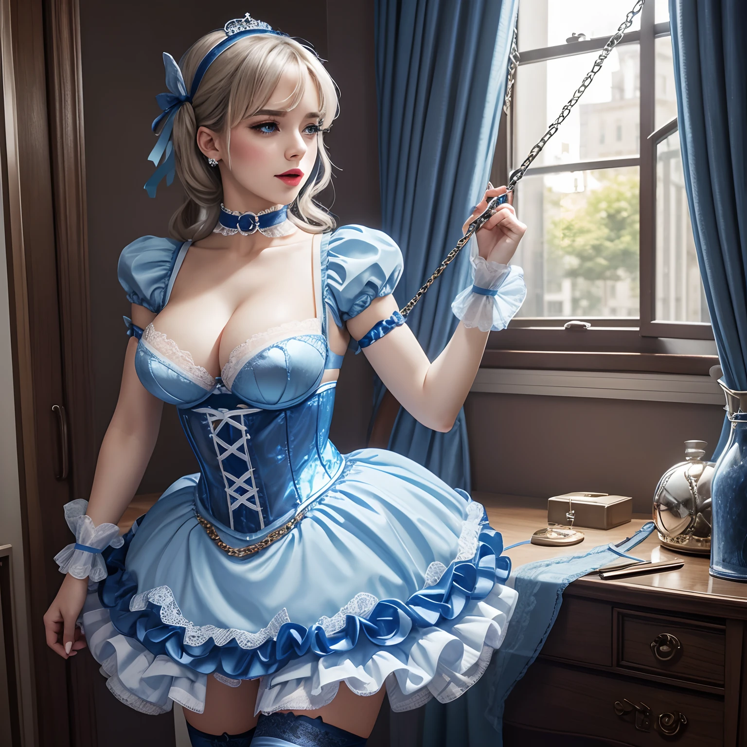 Sissy Cinderella wearing light blue bra and fishnet stockings wearing choker collar, bdsm wearing garter belt bug ball gag