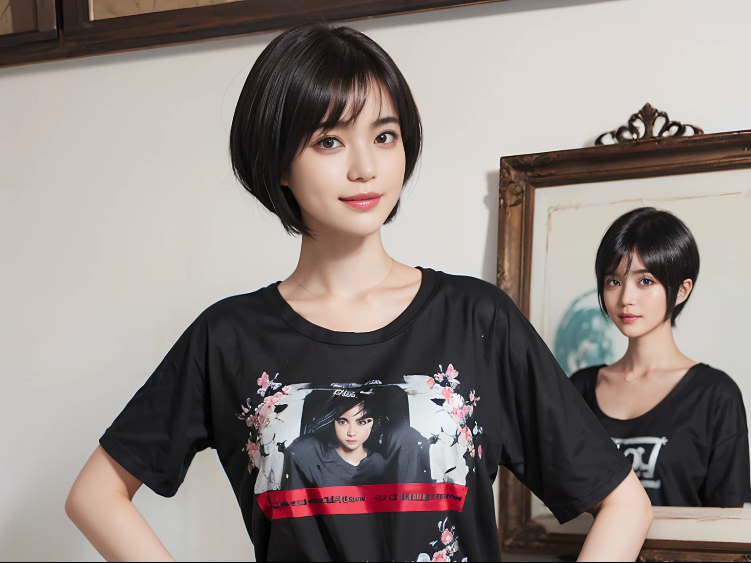 86
(a 20 yo woman,is standing), (A hyper-realistic), (masutepiece), ((short-hair:1.46)), (Smooth black hair), (Breast:1.0), (kindly smile), Wearing shorts, (Wear a T-shirt with a character design print), (Beautiful skin:1.5), Big paintings