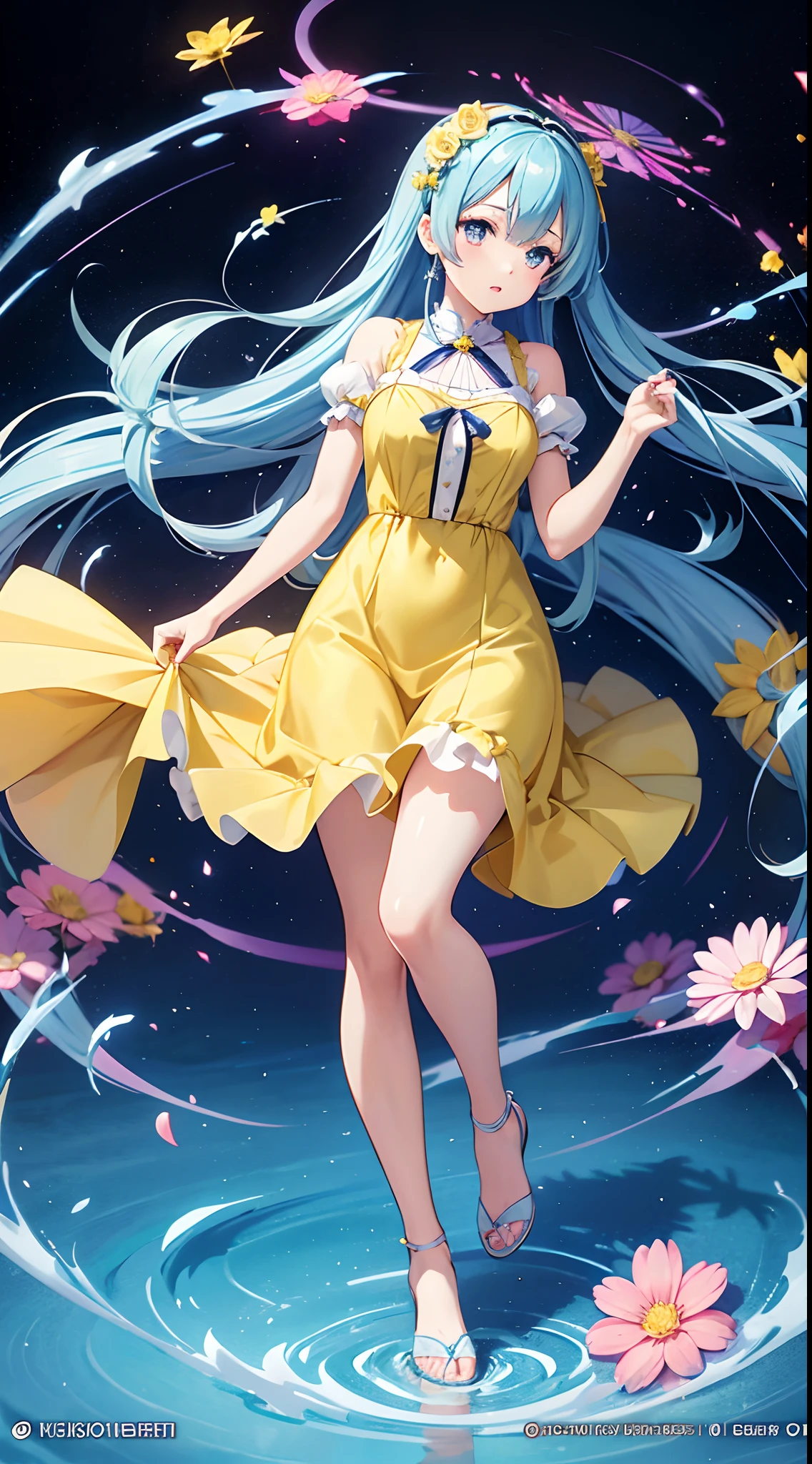 Anime girl in yellow dress with flowers, Light blue long hair、Twin-tailed、Cute anime waifu in a nice dress behind her, rem rezero,, Anime princess, Lori, beatrice blue, zerochan art, royal elegant pose, official artwork, splash art anime , Pisif, Kushatt Krenz Key Art Women, detailed fan art, Beautiful teengirl