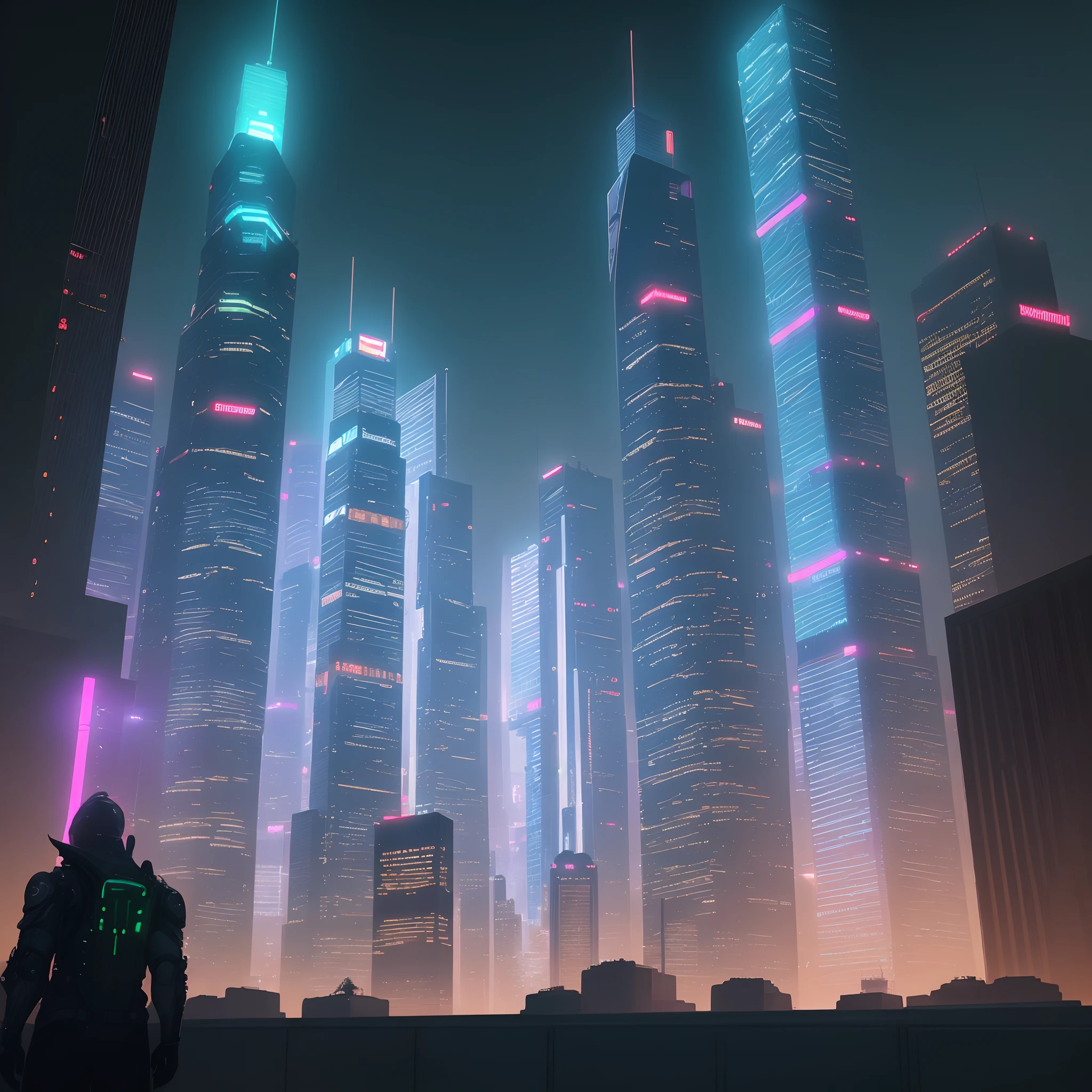 Cyberpunk Night City in 2077 with neon-lit skyscrapers