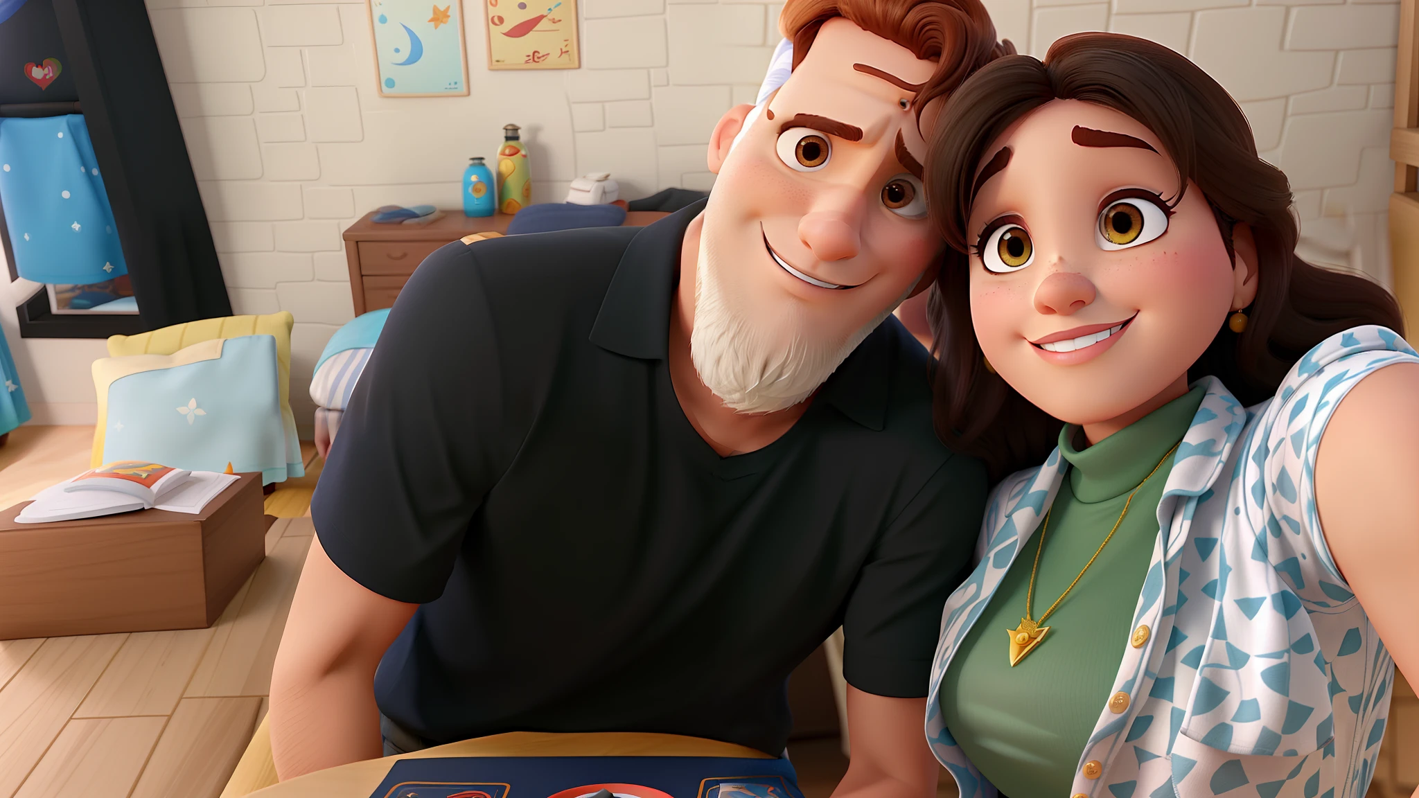 Casal (homem branco e mulher morena) no estilo Disney Pixar, alta qualidade, melhor qualidade.