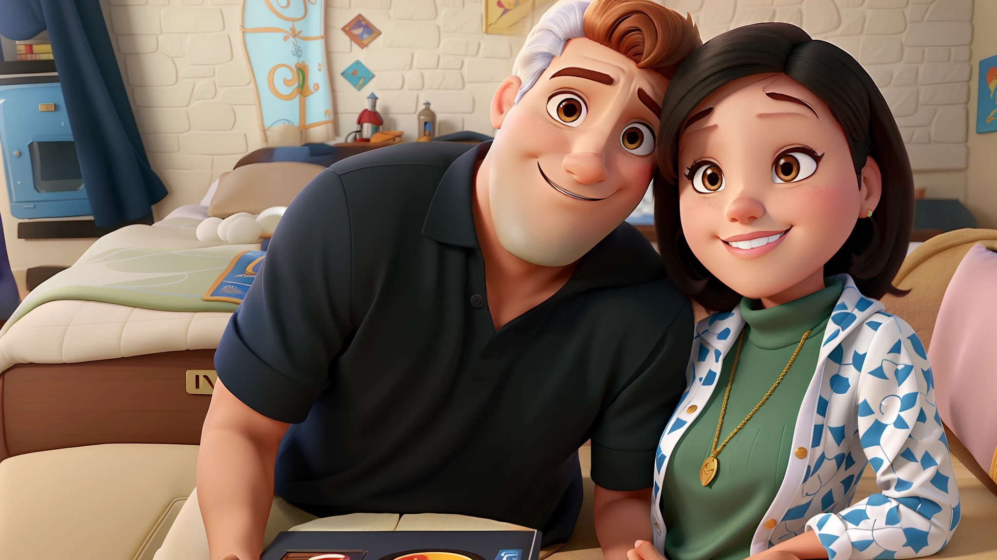 Casal (homem branco e mulher morena) no estilo Disney Pixar, alta qualidade, melhor qualidade.