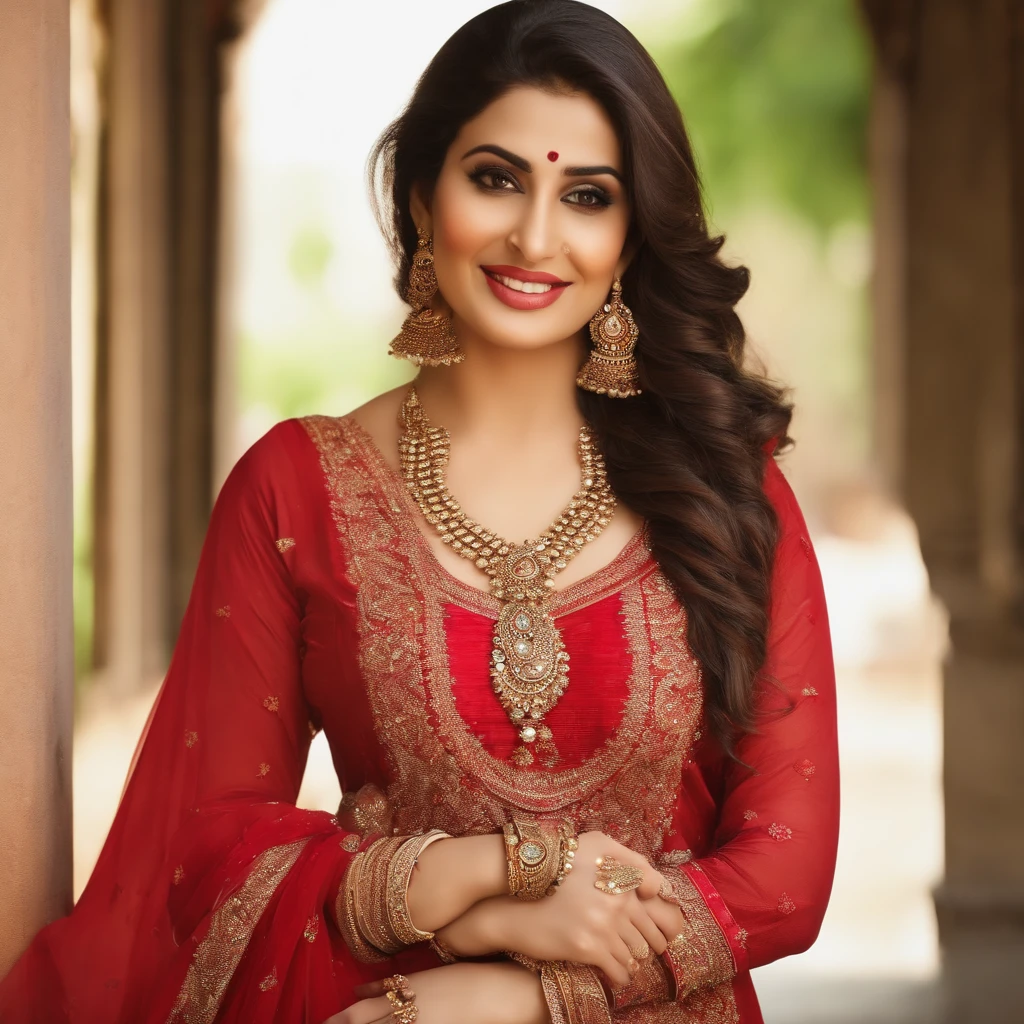 Big ass girl realistic Pakistani sexy, In Indian Ethnic Dress, Salwar Suit, Red Colour, Earings, Nechlace, Bangles, Eye lash, Long Dark brown hair, 30yo, Active, Smiling, looking at someone, face front facing