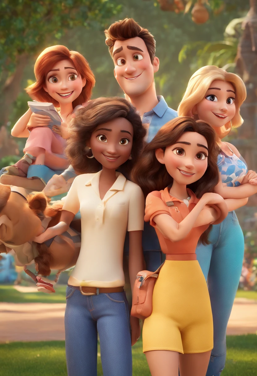 Cartoon of friends having fun on vacation together, 3D Animation Movie Poster, Poster de filme animado, pixar 3 d animation style, pixar renderman rendering, maia 8 mil, animation film, Disney Pixar Estilo 3D, amigos felizes saem juntos, all wearing light blue shirts and cream brown long pants, camisa azul clara, cream brown pants, ao ar livre, vacation, Disney Pixar Animation Poster