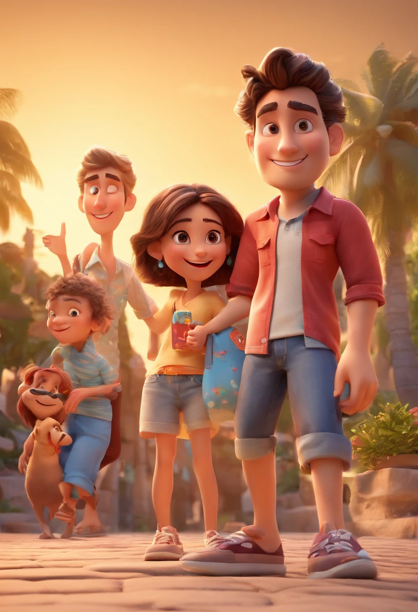 Cartoon of friends having fun on vacation together,  3D Animation Movie Poster, Poster de filme animado, pixar 3 d animation style, pixar renderman rendering, maia 8 mil, animation film, Disney Pixar Estilo 3D, amigos felizes saem juntos, all wearing light blue shirts and cream brown long pants, camisa azul clara, cream brown pants, ao ar livre, vacation, Disney Pixar Animation Poster