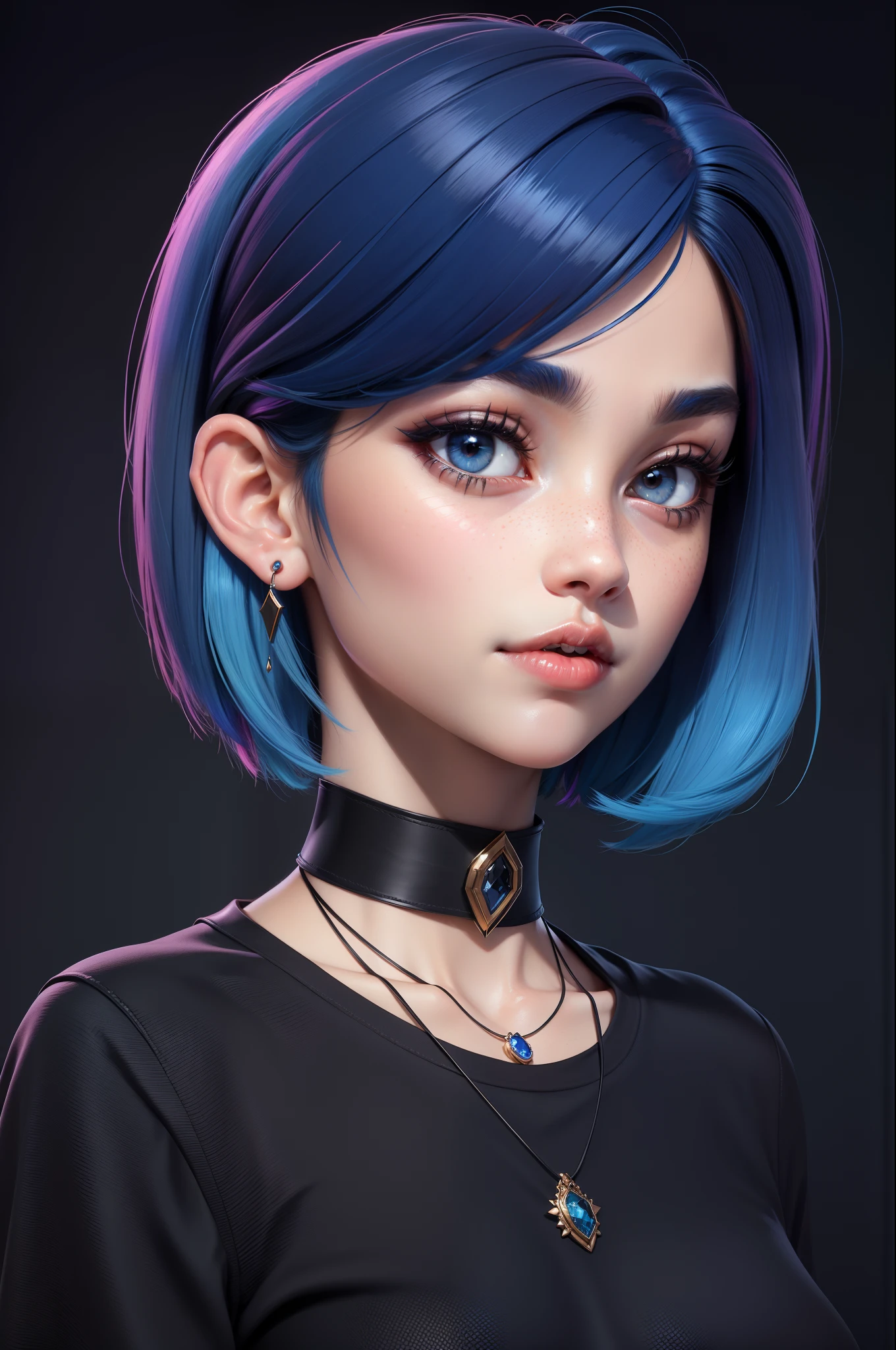 masterpiece, best quality,3d rending work ,3DMM style,close-up,portrait, 3D,1girl, solo, multicolored hair, blue hair, black hair, necklace, freckles, jewelry, two-tone hair, looking to the side, realistic, upper body, simple background, bangs, looking away, short hair, parted lips, black eyes, lips, gothic, choker, makeup, mole, black shirt, shirt, watermark