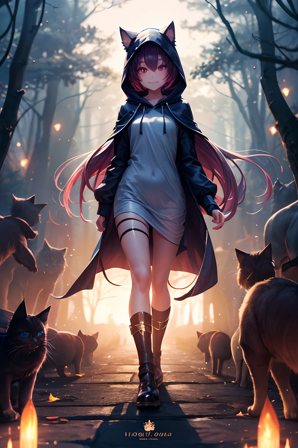 Top quality, high resolution, perfect human structure, background focus, front view, glowing hair, glowing eyes, cat ears, hooded outfit medium chest, forest, lots of animals, full body angles, happy smile, gradient eyes, swept bangs,
