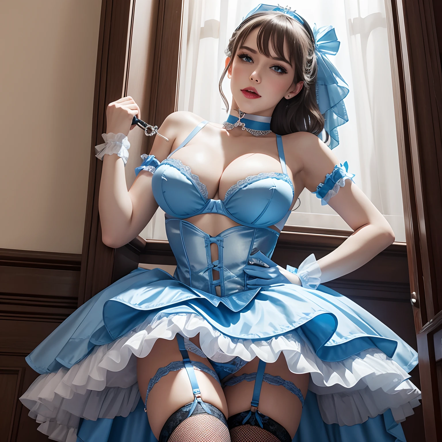 Sissy Cinderella wearing light blue bra and fishnet stockings wearing choker collar, bdsm wearing garter belt bug ball gag