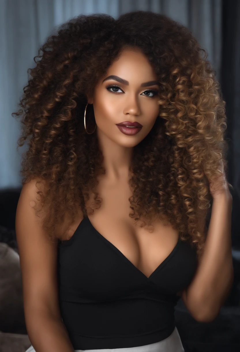 (masterpiece, best quality), deep ebony 1girl, beautiful face, long curly curls, hyperrealism, highly detailed, taking selfie