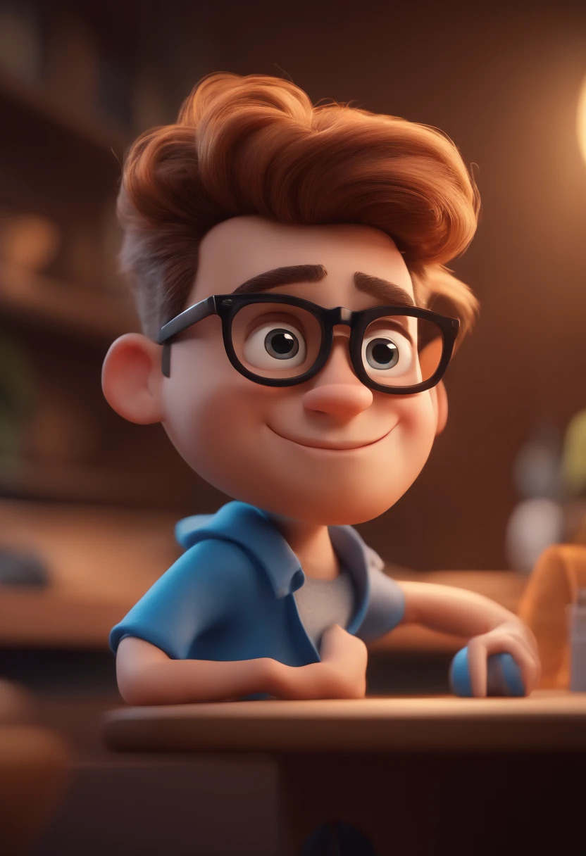 Cartoon character of a man with black glasses and a blue shirt, animation character, Caractere estilizado, animation style rendering, 3D estilizado, Arnold Maya render, 3 d render stylized, toon render keyshot, Personagem 3D, Personagem 3D, 3d rendering stylized, 3 d character render, personagem de desenho animado, Personagem de close up, Pose de personagem, (Estilo Pixar) (master part:1.2) (Bokeh) (best quality) (pele detalhada) (textura detalhada) (8k) (argila) (Cinematic lighting) (foco nítido