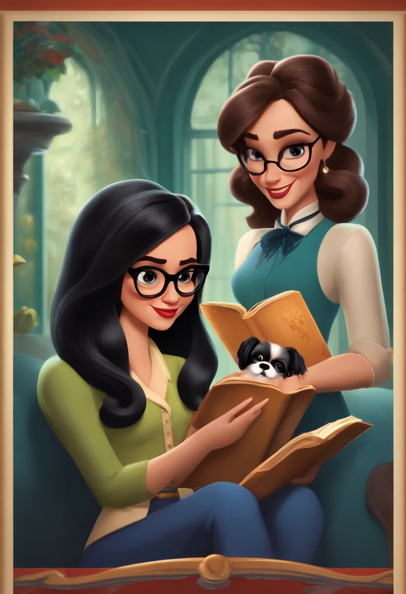 Make a woman around 30 years old, ElA is holding a book, como Disney Cartoon, She has long black hair and wears black-framed glasses, next to it is two female Shih-tzu with a bow tie on her head. Pixar, ..3d, Disney