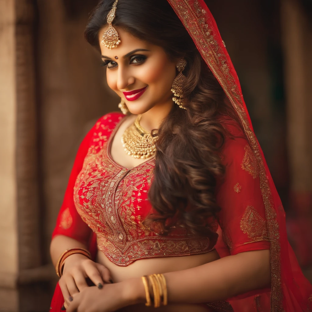 Big ass girl realistic Pakistani sexy, In Indian Ethnic Dress, Salwar Suit, Red Colour, Earings, Nechlace, Bangles, Eye lash, Long Dark brown hair, 30yo, Active, Smiling, looking at someone, face front facing, curvy body