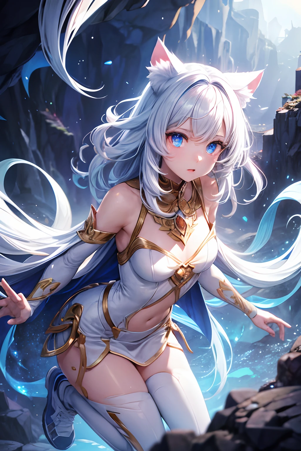 1girl、Dynamic composition、Magic Stick、((Perspective Lens, A woman with white and light blue straight long hair,  Dynamic poses with serious and mean expressions, 大きな長いMagic Stickを構える両手 )) ((Pure Blue Background:1.2)),Anime Style、detailedな目、Perfect toned body shape、Looks like she&#39;s in her early 20s,Shooting in mid-motion,With her long braided hair fluttering. Her outfit reminds me of a fairy.,Black and blue color palette,Be playful、Super huge、detailed、whole body、