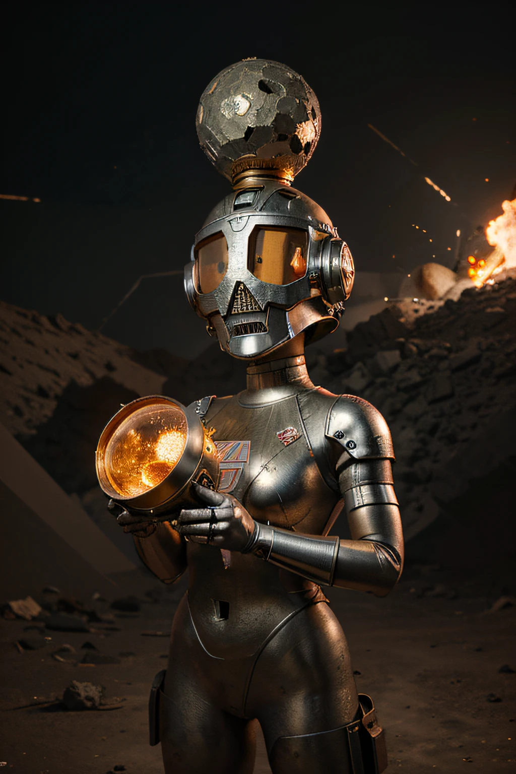 A toon Crazy whit a Big ONE a Only Eye Robot CCCP Soviet, and helmet Style, tongs in hands, Tv head, pinhead, camouflage Gold Silver Pink Rusty, Ambient in a meteorite crater super detailed, center, beautiful, soft lighting, focused on the character, 4K resolution, photorealistic rendering,