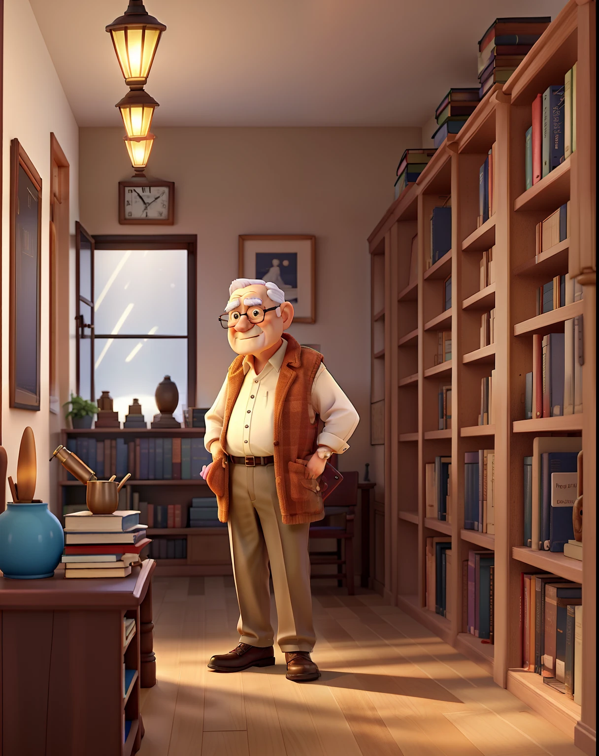A wise old man standing in front, illuminated by the light of a lamp, against the backdrop of a library