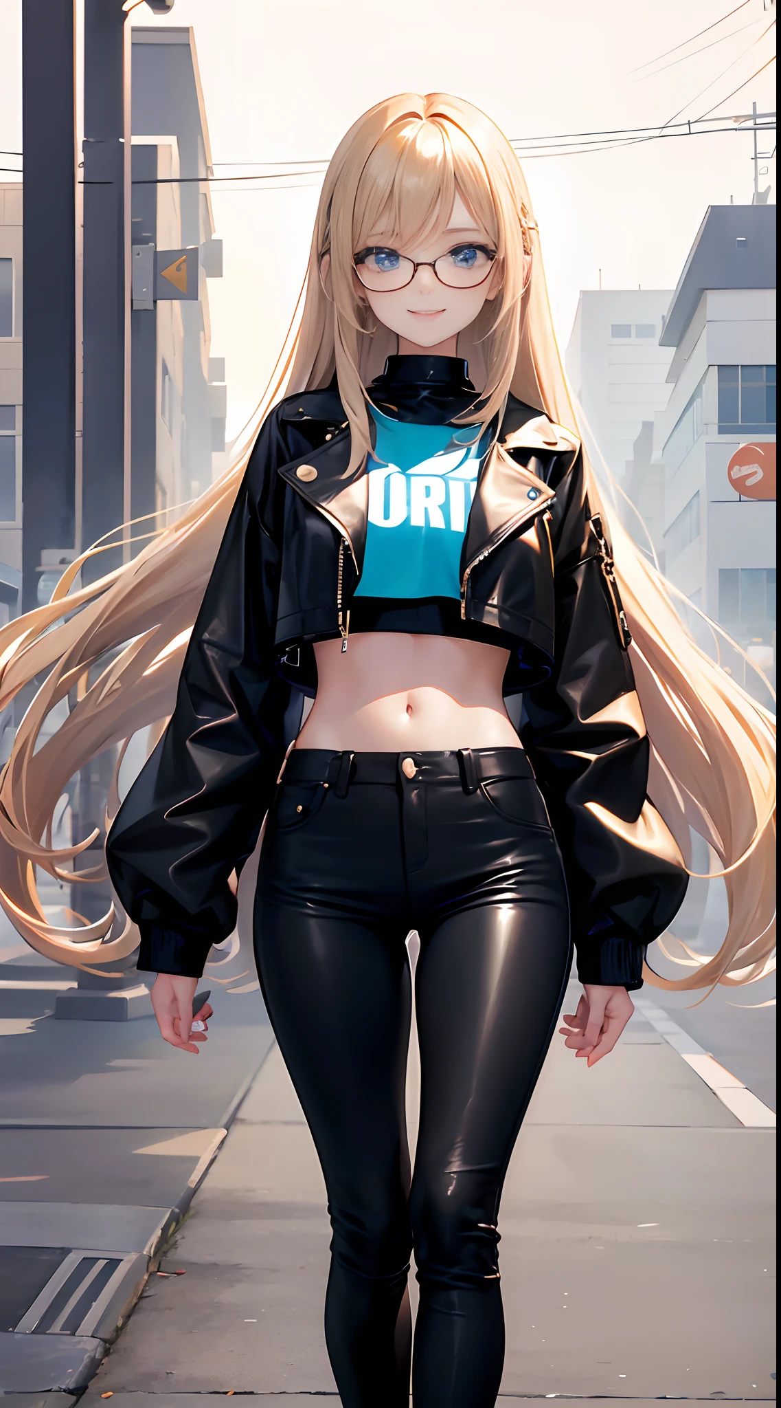 17 year old, anime girl, wearing crop top, leather jacket, skinny jeans, glasses, blue eyes, light gold long hair with the front strands tied at the ends, smile, high quality, 8k