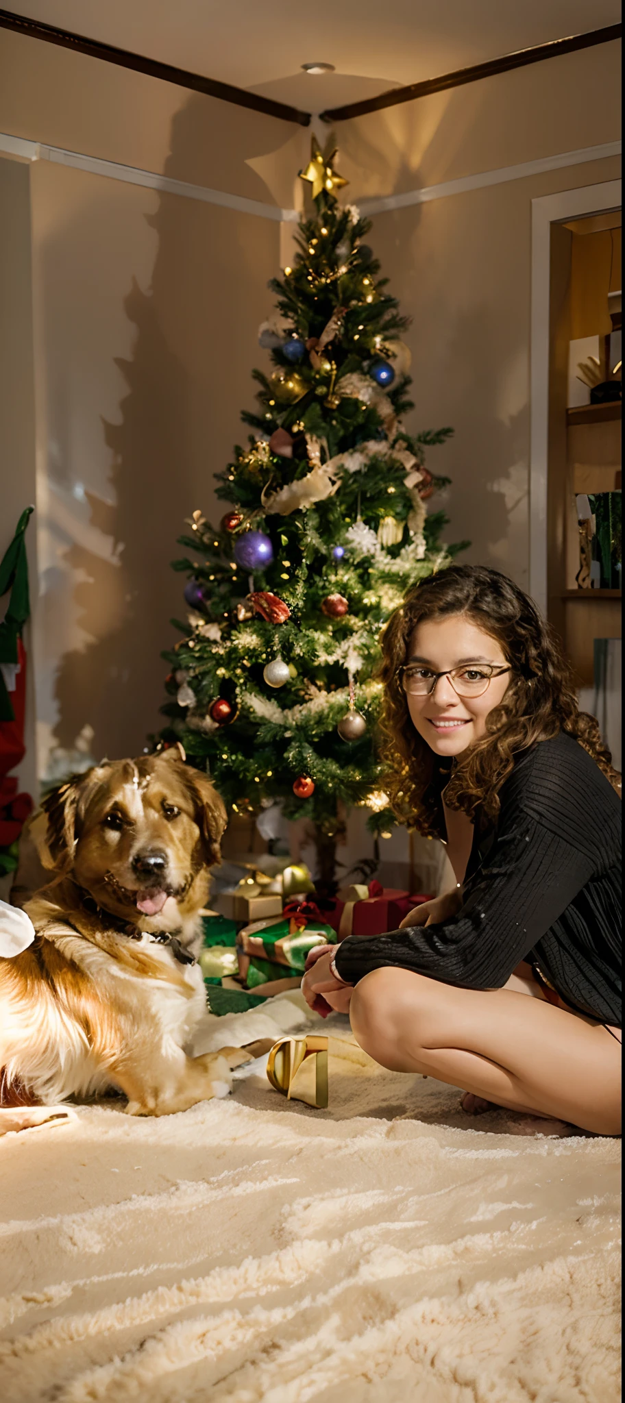 A girl with golden curly hair and her black stray dog sitting next to the Christmas tree