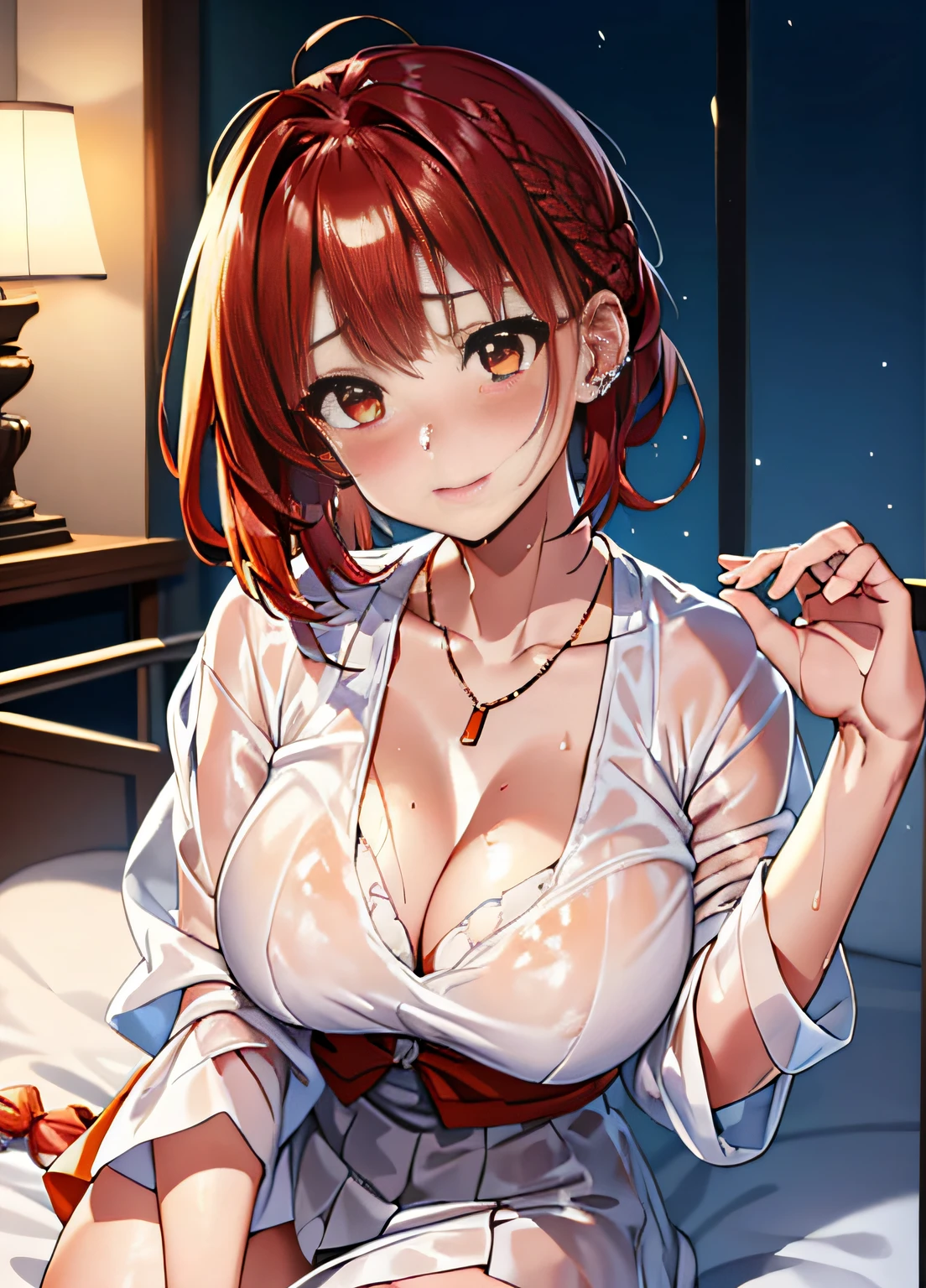 one girls、Blushing cheeks、gazing at viewer、A sheer white sailor suit that sticks to the ?????、skirt by the、Girl in Japan uniform、Wet face,wetted skin、a wet body、wet costume、Wet hair、(((emphasizing ???????:1.3))),(Dynamic angles),(Dynamic and ???? poses),(bending forward:1.3),(((Dignified statue))),large full ???????,Disturbance of clothing due to movement,?????? slip,one girls,hair pin,a necklace,piercings,from below looking up,with round face,pointed red mouth,Blushing cheeks,Staring at the viewer with an angry face,(Short hair in shiny silver and orange inner colors,Ponytail twisted buns adorned with elaborate braids and beads,Braided Setup Fishbone Hair,),(Bangs are see-through bangs),(Professional Lighting),(8K,masutepiece,top-quality,Ultra-high resolution output image,),(intricate detailes,),(Image Mode to Ultra HD),depth of fields,Beautiful hands,Beautiful fingers,Detailed finger features,(Detailed hair features:1.7),detailed facial features,detailed clothes features, Loosen your tie、Wet cute face、Bedroom、(Lie down on the bed:1.3)、(Lying on your back on the bed:1.3)、Dynamic and ???? poses、Angles that look super ????、