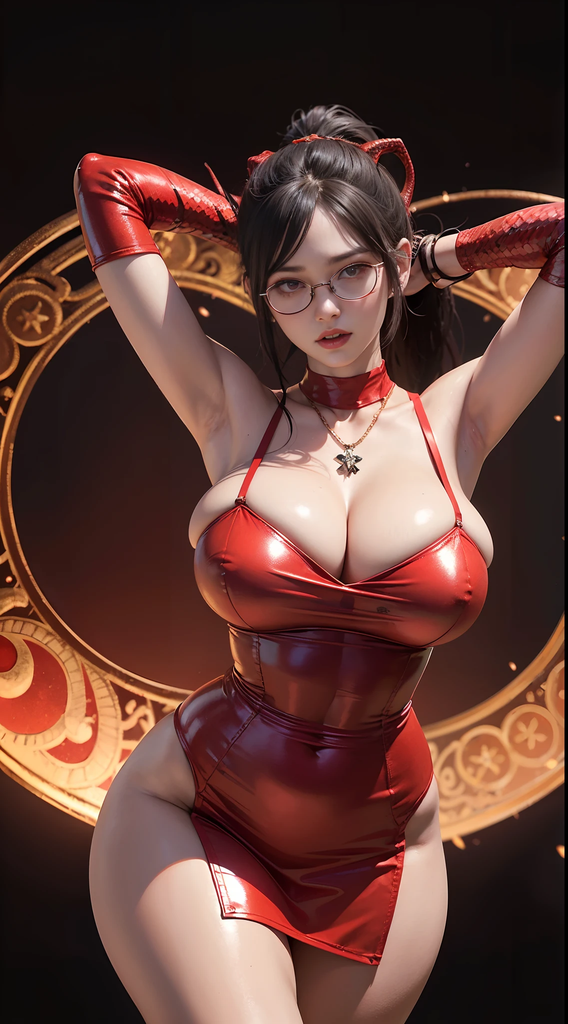 Fine、(The best illustrations)、8k UHD resolution、intricate-detail、top-quality、realisitic、ultra-detailliert、The best lighting、Best Shadows、Soft lighting、Ulutra HD、Ultra-realistic、Tindall Effect、Photorealsitic、(High Detail Skins:1.2)、 (Intricate details, makeup, pureerosface_v1:0.5), (Detailed beautiful delicate face, Detailed beautiful delicate eyes, A perfectly proportioned face, High detailed skin, Detailed skin, best ratio four finger and one thumb, arms below breasts, Tattoo with a red glow under the stomach, wide hips, smooth midriff, skiny and thin, __Fashion__, __hair__:1.25)、Digital SLR、 absurderes、1 beautiful devil woman from hell, surreal female portraits by David Hockney and Alphonse Mucha, Portrait of a seductive woman、Fantasy Art, Chinese Doll、Chinese actress、The dragon、Devil's Palace、Devil's Torture Chamber、natta、Dark style 、In the Dark、(Detailed spooky backgrounds:0.8), magia、Succubus、Devil's Daughter、Umi Shinonome、Bat Wings,(((Demon Horns)))、 ((((Huge glasses, thick glasses, Round glasses)))),(((Colossal tits)))、(Devil's Tail)、(red eyes glowing:1.6)、red eyes make up very sharp and detailed, The eyes are very well made up, ((Red Eye:1.0)),intricate tattoos, demonic intricate tattoos, thigh tattoos, body tattoos masterpiece、The most beautiful face、a baby face、Charming smile、plump beautiful red lips、Muscular seductive body、The enchanting body of the devil、devil style、Seductive Black Magic Costume、(((A shiny red snake is wrapped around her body)))、The long-haired、Braids、Black hair、Ponytail distortion、, Ponytail with a bow tied at the back of the hair, Beautiful expression、Body Up、Large breasts emphasis、Bust, Super tight breasts, Breast augmentation surgery, The breasts are very big and round and round,Toned waist、Wide buttocks、 lowkey, cowboy lens, (red phoenix dress: 1.0), devil crown, Red sparkling gemstone necklace, wearing black mesh socks,Wear light red、nffsw, nffsw, Meet beautiful girls, show armpits, (fold your arms behind head:1.2)