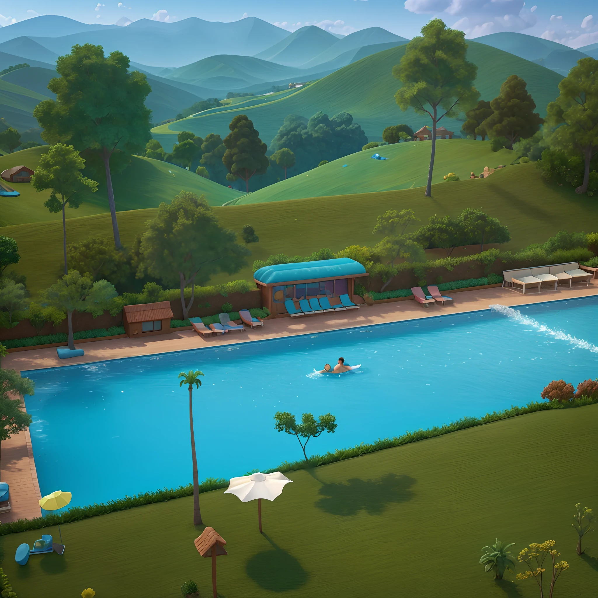 3d cartoon animation background, Disney style, Pixar style, hills with lots of trees, there is a swimming pool with blue water, beautiful sky,There are people swimming using swimming tubes,high resolution,high quality,3d render,Disney Pixar animation
