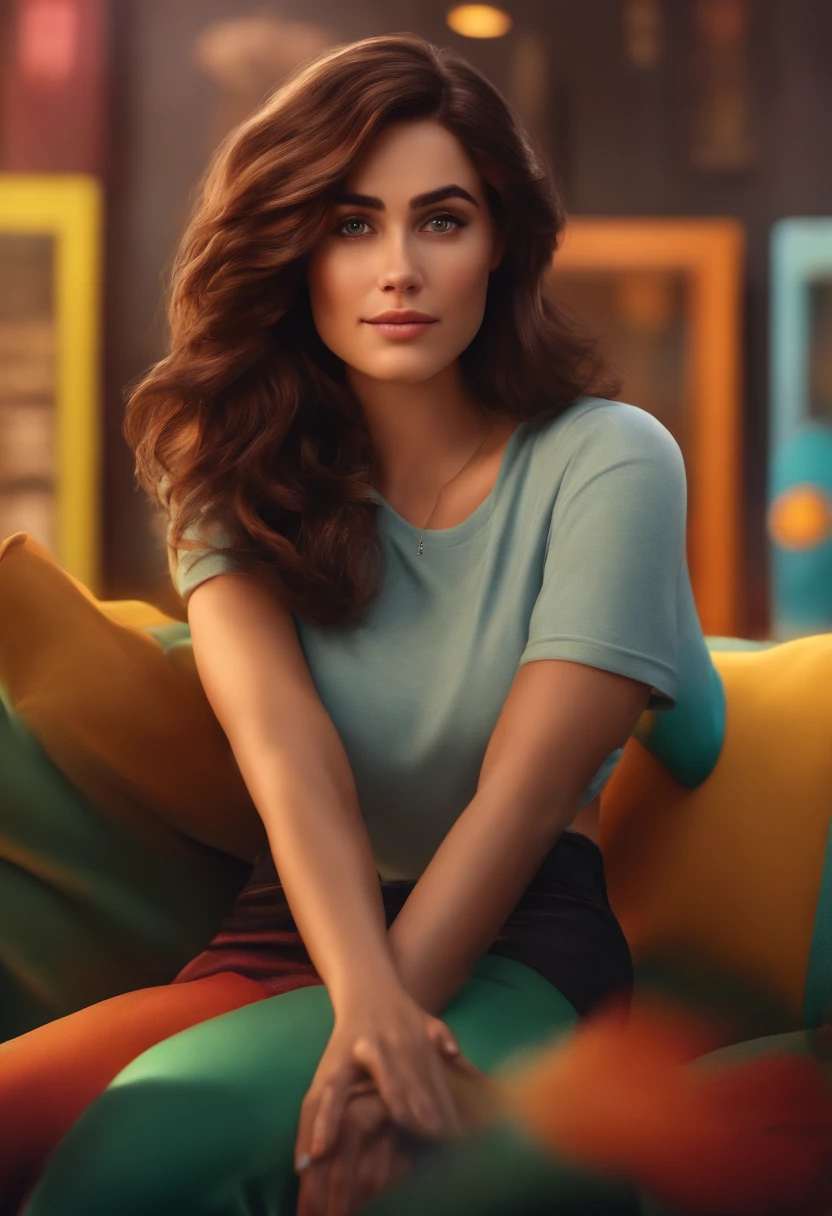 filme Marketing 2023 estilo filmes Pixar, Com nome "N - Marketing", poster, With short, lighter brunette hair and a black t-shirt in front of her crossed arms.