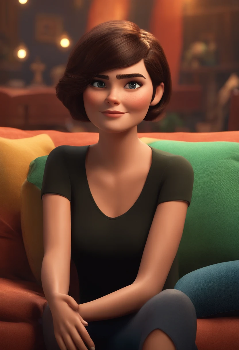 filme Marketing 2023 estilo filmes Pixar, Com nome "N - Marketing", poster, With short, lighter brunette hair and a black t-shirt in front of her crossed arms.