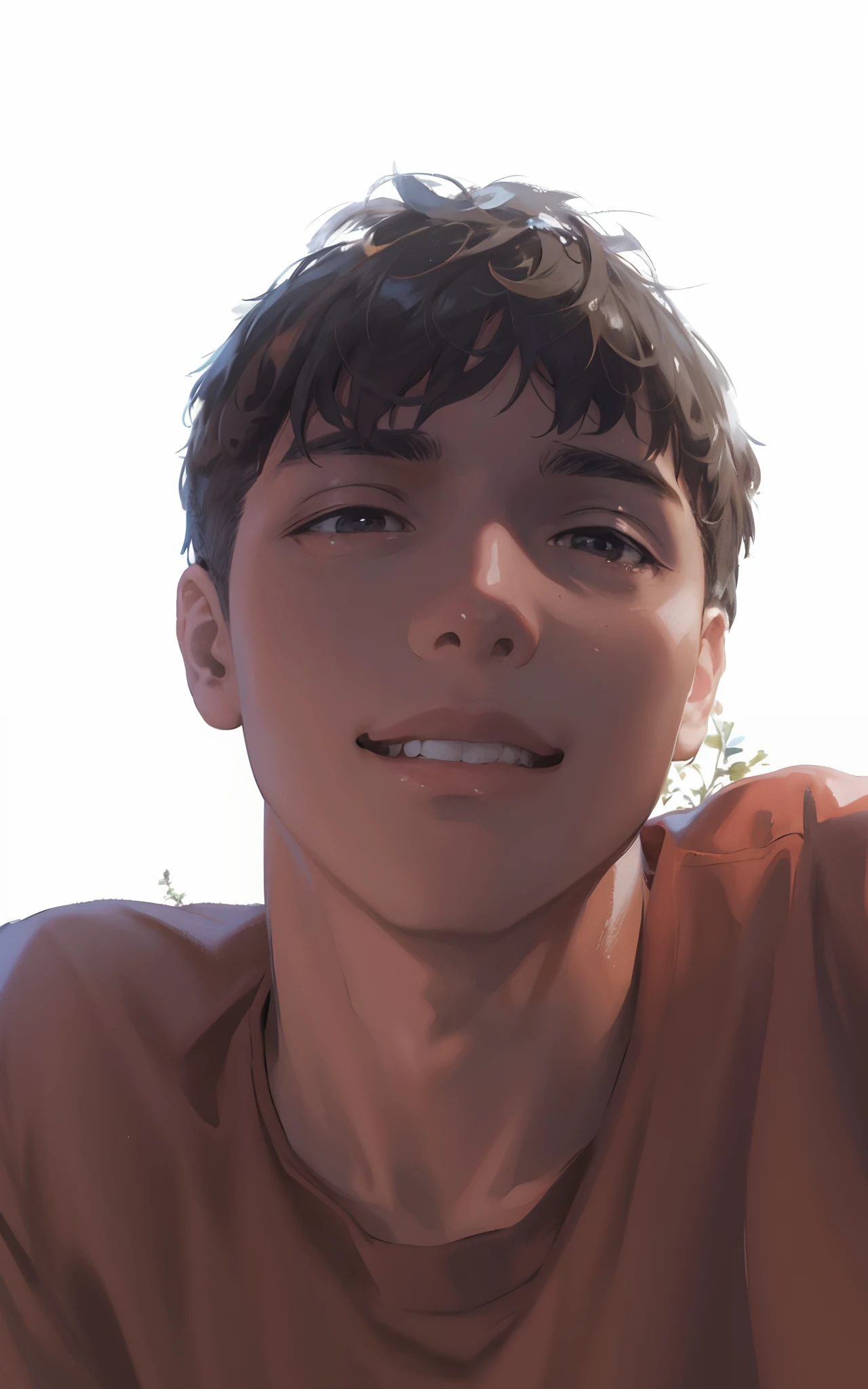 Anime cabelo vermelho e curto alegre olhar camisa preta e jaqueta marrom