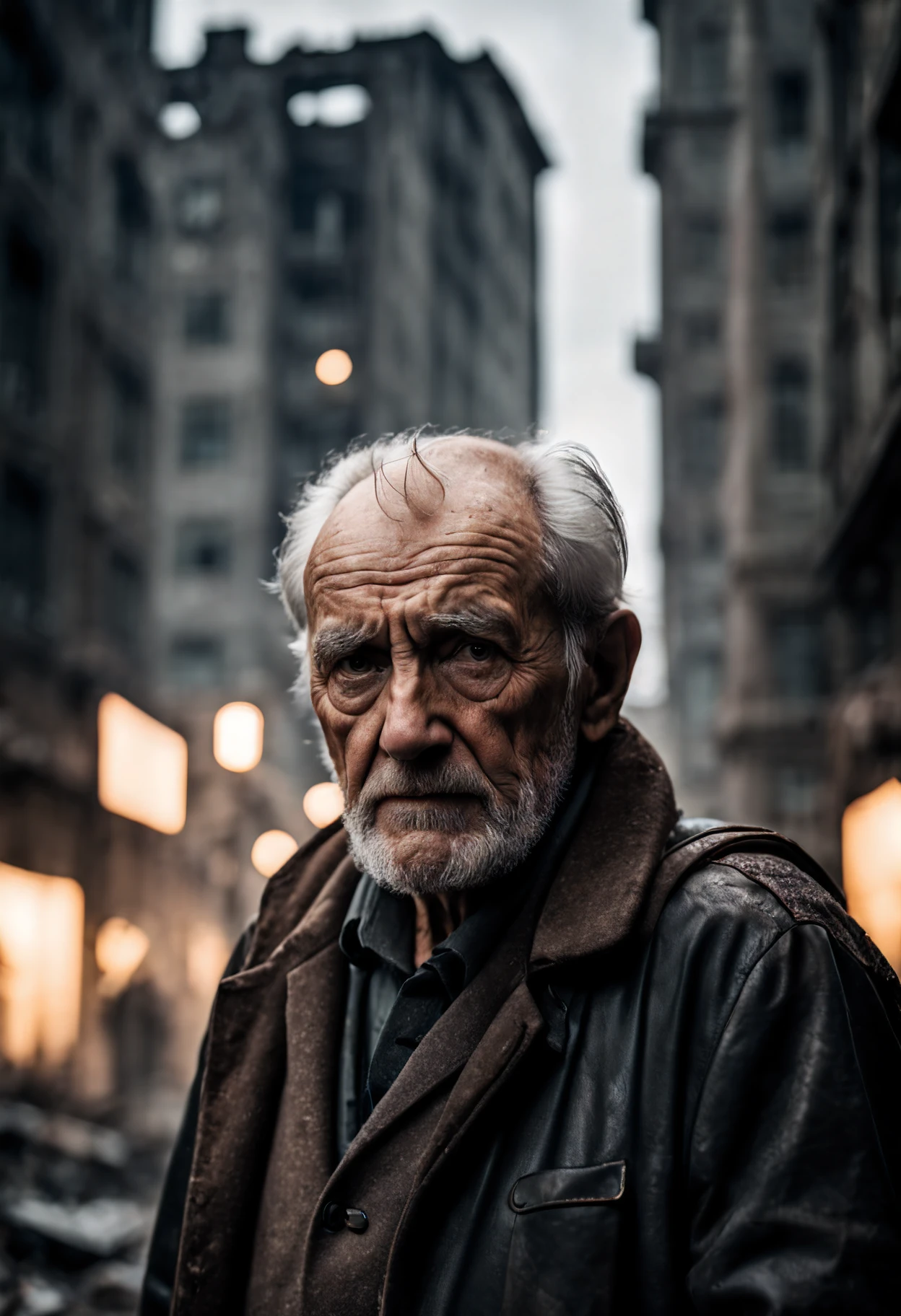 cinematic film still cinematic photo sad old man in a post apocalyptic destroyed city after nuclear blast, newdawn, closeup, high quality photography, 3 point lighting, flash with softbox, 4k, Canon EOS R3, hdr, smooth, sharp focus, high resolution, award winning photo, 80mm, f2.8, bokeh , detailed, realistic, 8k uhd, high quality, high quality photography, 3 point lighting, flash with softbox, 4k, Canon EOS R3, hdr, smooth, sharp focus, high resolution, award winning photo, 80mm, f2.8, bokeh . 35mm photograph, film, bokeh, professional, 4k, highly detailed, high quality photography, 3 point lighting, flash with softbox, 4k, Canon EOS R3, hdr, smooth, sharp focus, high resolution, award winning photo, 80mm, f2.8, bokeh . shallow depth of field, vignette, highly detailed, high budget, bokeh, cinemascope, moody, epic, gorgeous, film grain, grainy