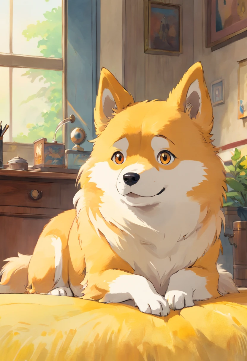 ((Best quality, 8K, Masterpiece: 1.4)),((Amazing detail: 1.3)),((Watercolor illustration: 1.2)),((high resolution: 1.1)),Thick painting style,(Critters),1 dog,Yellow solid background,in style of ghibli,head portrait,Anime avatar,Shiba dog,adorable expression,adolable,Beautifully detailed dogs,structurally correct,フォトリアリスティック,Delicate hair,Photo art