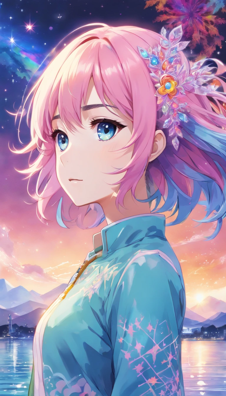 (masterpiece, top quality, best quality,watercolor (medium),official art, beautiful and aesthetic:1.2),(1girl:1.3), (fractal art:1.3),upper body, from side, looking at viewer,patterns,(rainbow color Hair,colorful hair,half blue and half pink hair:1.2),water,liquid, cloud,colorful, starry,stars,