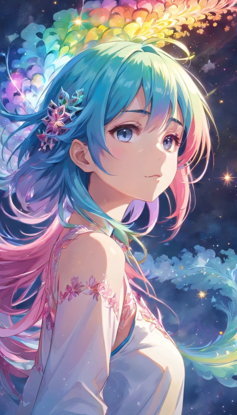 (masterpiece, top quality, best quality,watercolor (medium),official art, beautiful and aesthetic:1.2),(1girl:1.3), (fractal art:1.3),upper body, from side, looking at viewer,patterns,(rainbow color Hair,colorful hair,half blue and half pink hair:1.2),water,liquid, cloud,colorful, starry,stars,