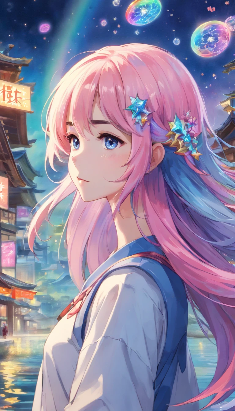 (masterpiece, top quality, best quality,watercolor (medium),official art, beautiful and aesthetic:1.2),(1girl:1.3), (fractal art:1.3),upper body, from side, looking at viewer,patterns,(rainbow color Hair,colorful hair,half blue and half pink hair:1.2),water,liquid, cloud,colorful, starry,stars,