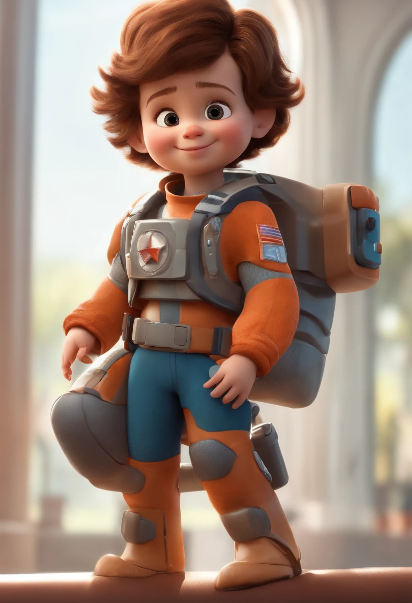 a happy cute  standing short hair, vestindo uma fantasia espacial, , fundo branco, barnet, Tom, Estilo Pixar, ....3d, desenhos animados, rosto detalhado, asymmetrical 16k