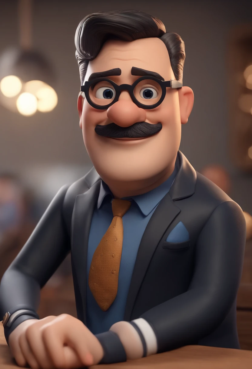 Cartoon character of a man wearing black glasses and a blue shirt, um personagem animado, Caractere estilizado, animation style rendering, 3D estilizado, Arnold Maya render, 3 d render stylized, toon render keyshot, Personagem 3D, Personagem 3D, 3d rendering stylized, 3 d character render, personagem de desenho animado, Personagem de close up, Pose de personagem, (Estilo Pixar) (master part:1.2) (Bokeh) (best quality) (pele detalhada) (textura detalhada) (8k) (argila) (Cinematic lighting) (foco nítido,Senta e vaza a parte superior do corpo