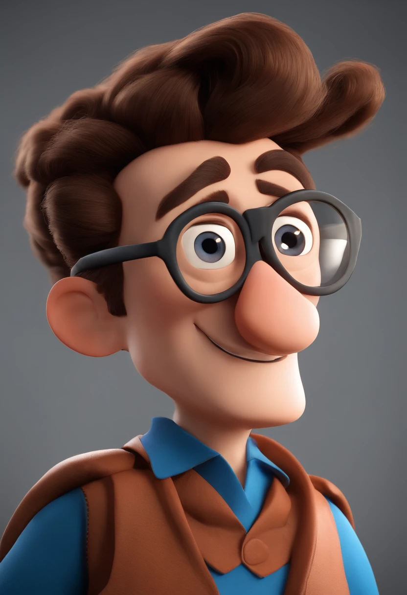 Cartoon character of a man wearing black glasses and a blue shirt, um personagem animado, Caractere estilizado, animation style rendering, 3D estilizado, Arnold Maya render, 3 d render stylized, toon render keyshot, Personagem 3D, Personagem 3D, 3d rendering stylized, 3 d character render, personagem de desenho animado, Personagem de close up, Pose de personagem, (Estilo Pixar) (master part:1.2) (Bokeh) (best quality) (pele detalhada) (textura detalhada) (8k) (argila) (Cinematic lighting) (foco nítido，Senta e vaza a parte superior do corpo