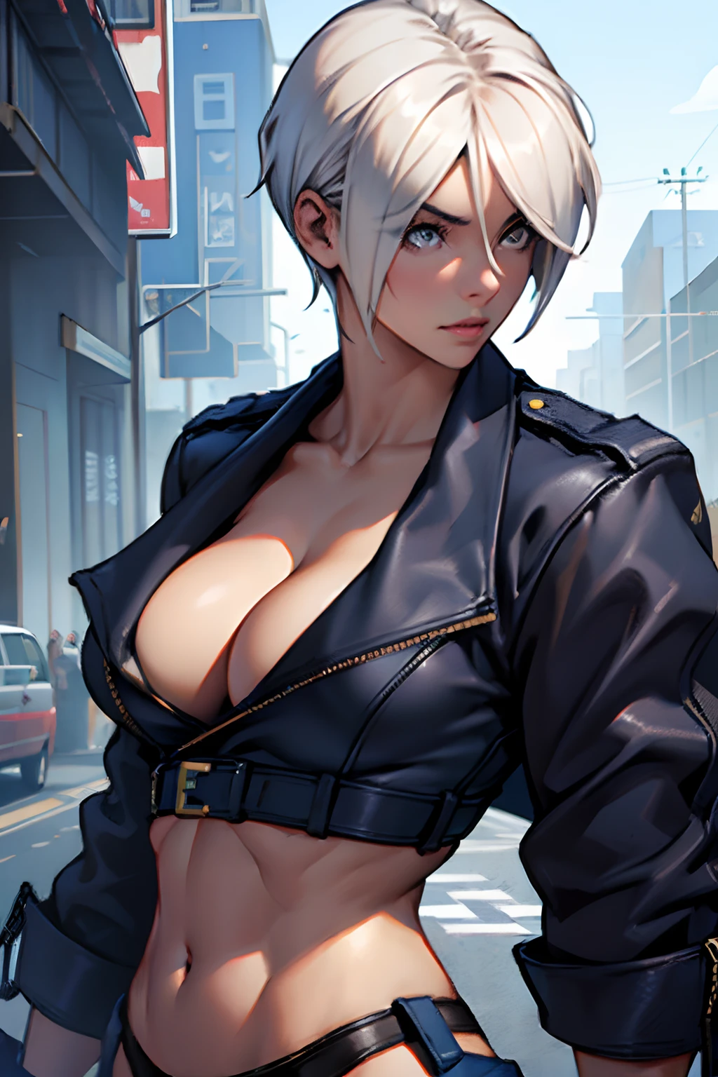 upper body, 1girl, (AngelMs:1.4), large breasts, panties, midriff, facing side, looking at viewer, (cleavage), cropped jacket