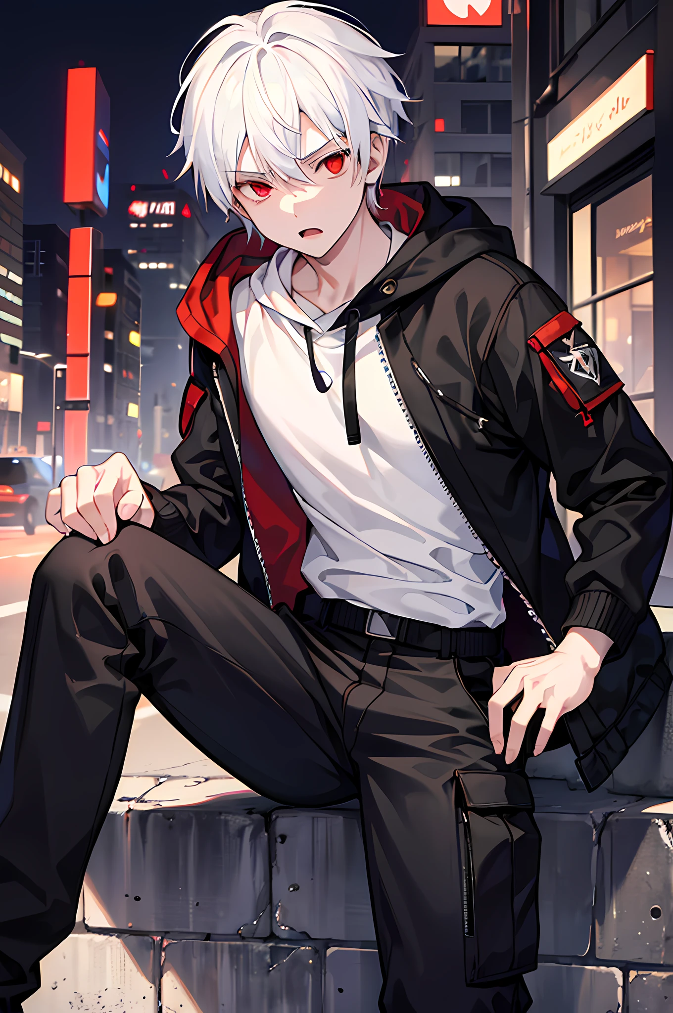 Anime guy with white hair and red jacket sitting on a ledge - SeaArt AI