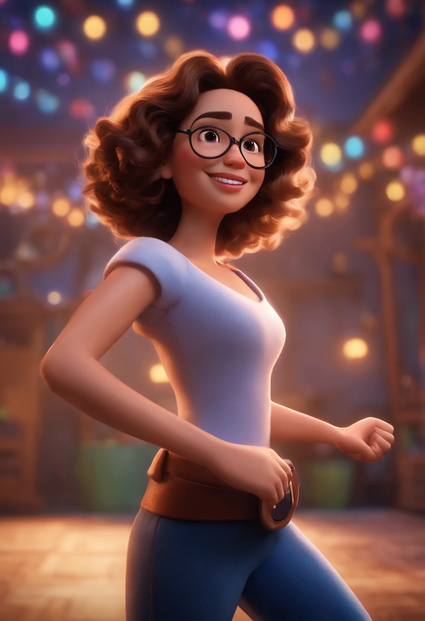 Pixar style image with 3D character white glasses brunette woman short curly hair dancing, Maquiagem Disney,Pescador, bonitinho, sorridente ,Close-up, Pixar, Disney, Cinema lighting,