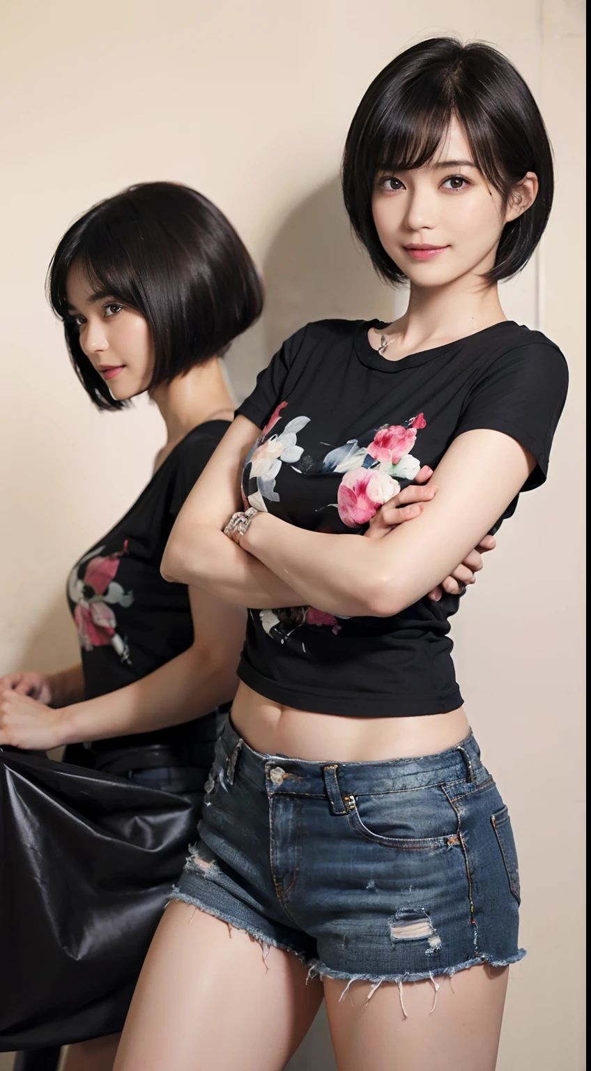86
(a 20 yo woman,is standing), (A hyper-realistic), (masutepiece), ((short-hair:1.46)), (Smooth black hair), (Breast:1.0), (kindly smile), Wearing shorts, (Wear a T-shirt with a character design print), (Beautiful skin:1.5), Big paintings